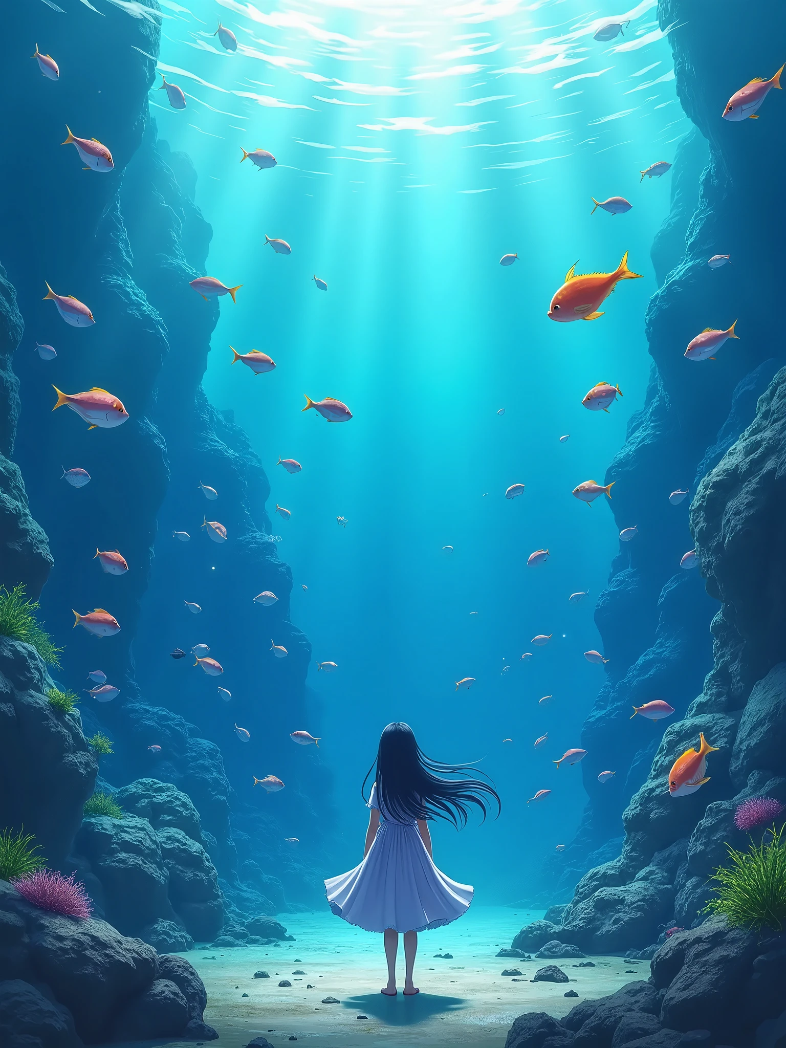 Create a vibrant underwater anime status chill and sad scene, filled with a variety of fish swimming gracefully through the clear blue waters. In the foreground, depict a serene image of a young girl with long flowing hair, standing on a rocky seabed, gazing out into the ocean’s depths. She is dressed in a flowing, elegant dress that sways gently in the currents. Surrounding her are schools of fish, presenting a mix of colors and dimensions, giving a sense of life and movement in the water. The background should be a gradient of dark blue that transitions to lighter shades as it approaches the sunlight, with dappled sunlight filtering through the water. Add subtle details such as pieces of coral and floating marine plants, adding to the underwater atmosphere. The character should be small compared to the ocean and everything around her. The overall mood should be calm and captivating, evoking a sense of discovery and wonder in this underwater world.