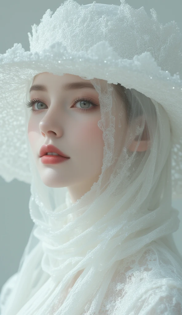 white hat and dress , Arabian woman wearing red lipstick , pale White Skin Like Porcelain , Gweitz, Goetz masterpiece , Gweitz-style artwork , Soft Portrait Photography 8k, Pale Little Ghost Girl, White Skin Like Porcelain , Russell Dongjun Lu 작품, Pale milky porcelain skin, elegant woman has marbled skin
