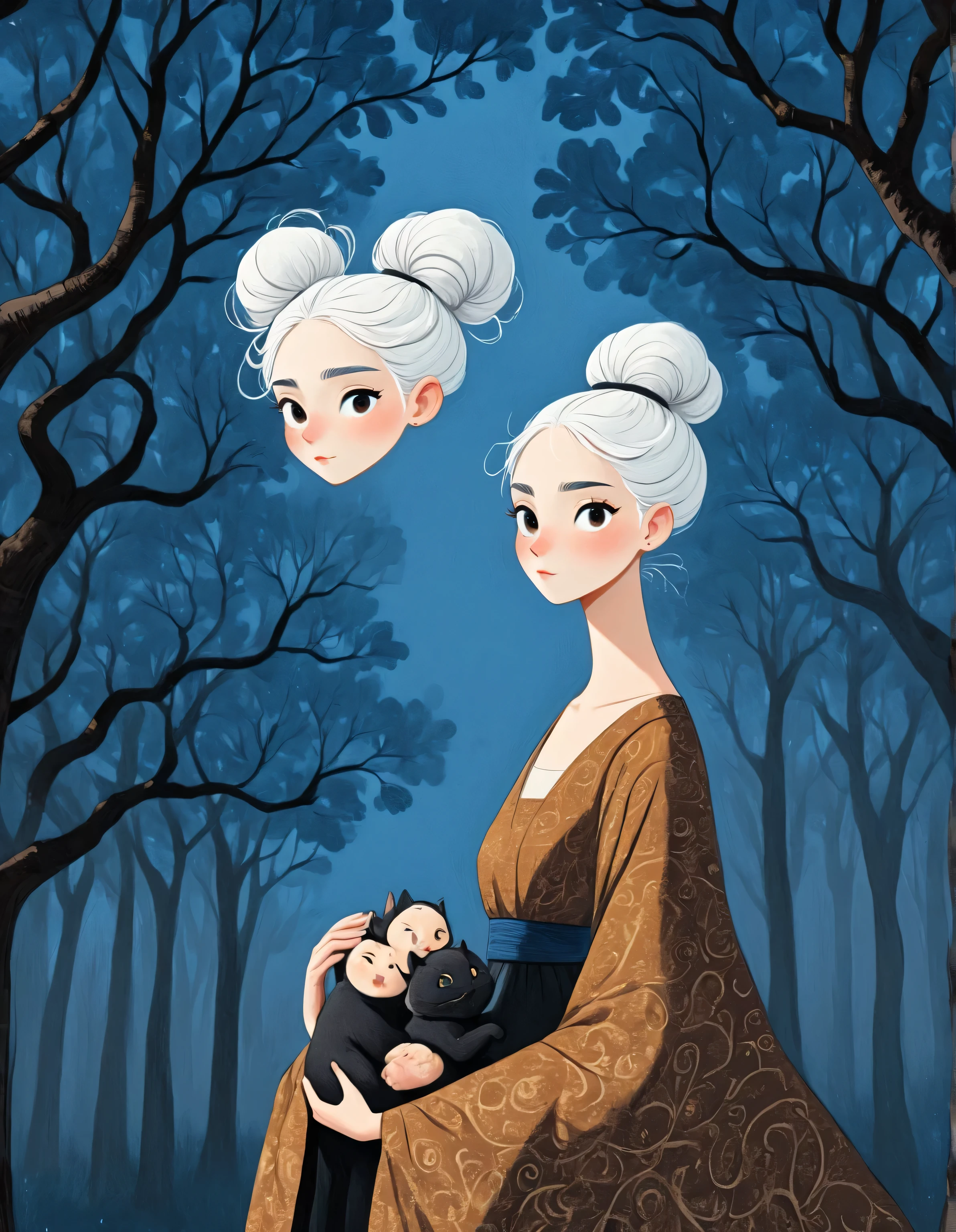 there is a drawing of a woman, young mother, full body portrait, standing in a black background with blue trees1.5, white hair in a high bun:1.5, brown eyes:1.5, vibrant medieval dress, hyper detailed hands, hands gesticulating: 1.5, a digital painting inspired by Will Barnet, by Magalli Villaneneu, tumblr, Digital Art, solo portrait 🎨🖌️, digital similar to Kemono, digital drawing, Digital Art
, novuschroma69 dual dichotomy swirls and florals, High Resolution, Masterpiece, Anatomically Correct, Accurate, Award Winning, Best Quality, Super Detailed,