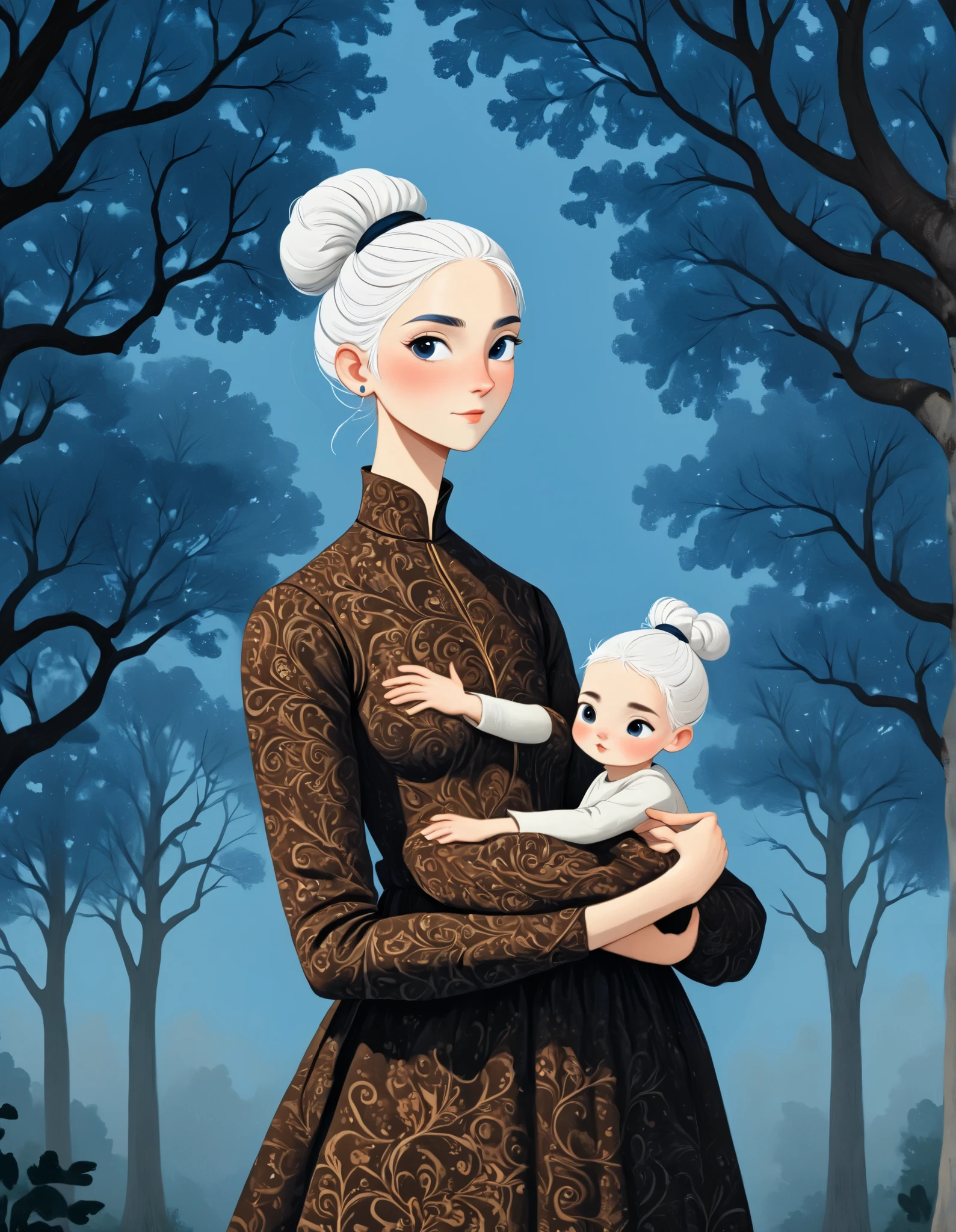 there is a drawing of a woman, young mother, full body portrait, standing in a black background with blue trees1.5, white hair in a high bun:1.5, brown eyes:1.5, vibrant medieval dress, hyper detailed hands, hands gesticulating: 1.5, a digital painting inspired by Will Barnet, by Magalli Villaneneu, tumblr, Digital Art, solo portrait 🎨🖌️, digital similar to Kemono, digital drawing, Digital Art
, novuschroma69 dual dichotomy swirls and florals, High Resolution, Masterpiece, Anatomically Correct, Accurate, Award Winning, Best Quality, Super Detailed,