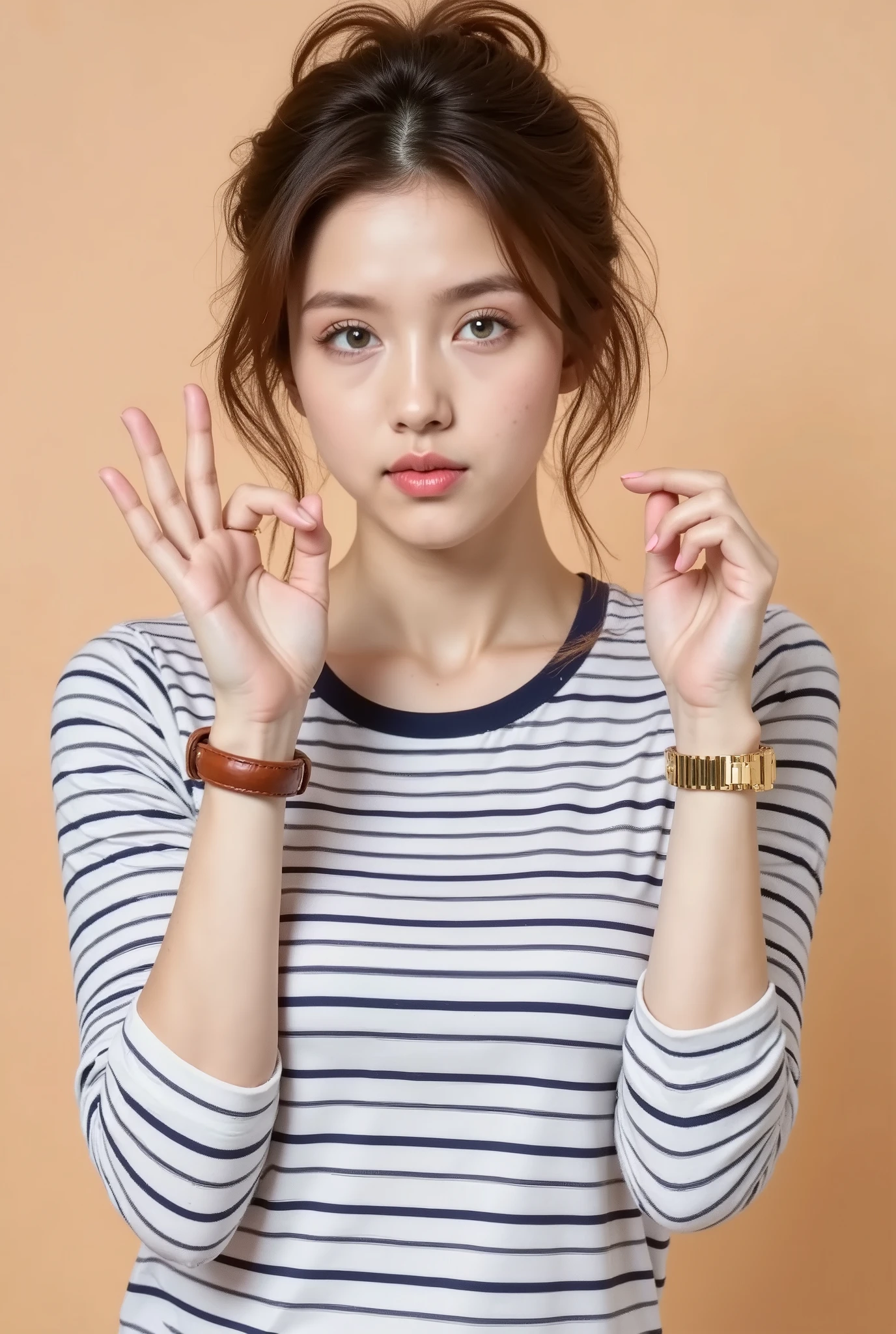 Photograph of a young woman with fair skin, freckles, and green eyes, wearing a white and navy blue striped long-sleeve shirt. She has brown hair tied back loosely and is making a playful "OK" hand sign with her right hand, while puckering her lips as if blowing a kiss. Her left wrist sports a gold watch with a brown leather strap. The background is a plain, light beige, making her the focal point.