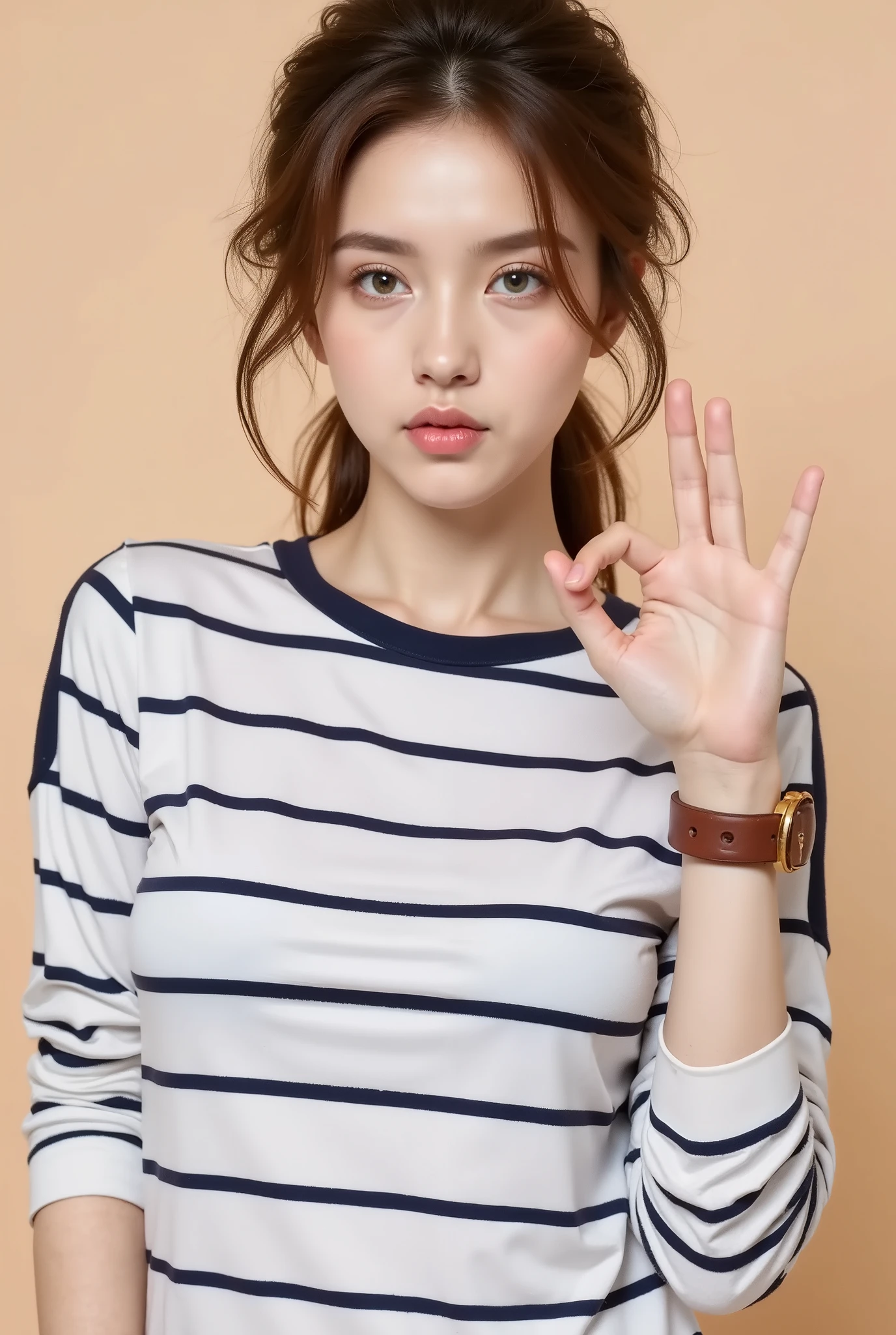 Photograph of a young woman with fair skin, freckles, and green eyes, wearing a white and navy blue striped long-sleeve shirt. She has brown hair tied back loosely and is making a playful "OK" hand sign with her right hand, while puckering her lips as if blowing a kiss. Her left wrist sports a gold watch with a brown leather strap. The background is a plain, light beige, making her the focal point.