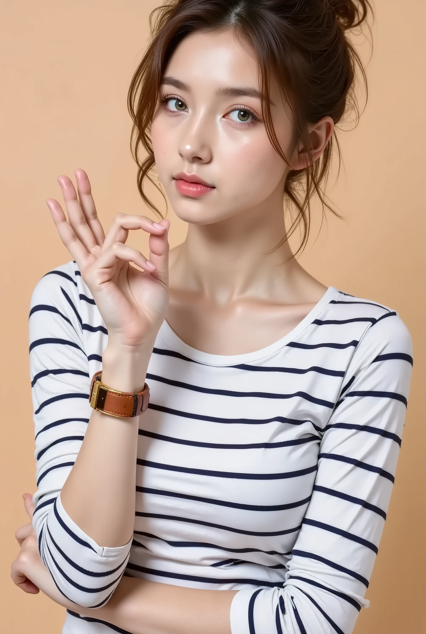Photograph of a young woman with fair skin, freckles, and green eyes, wearing a white and navy blue striped long-sleeve shirt. She has brown hair tied back loosely and is making a playful "OK" hand sign with her right hand, while puckering her lips as if blowing a kiss. Her left wrist sports a gold watch with a brown leather strap. The background is a plain, light beige, making her the focal point.