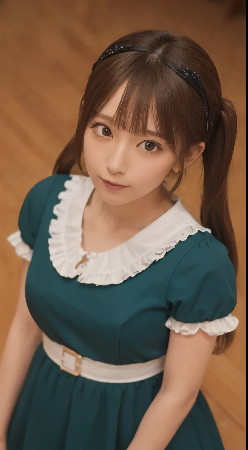 Tabletop, highest quality, shape, Very detailed, In detail, High resolution, 8k wallpaper, Perfect dynamic composition, ((close:1.3, From above, View your audience)), Beautiful details , (Wearing cotton maid clothes, , Cute Ruffle Girl Dress, Maid's headband, Base color is white、black、green),Twin tails