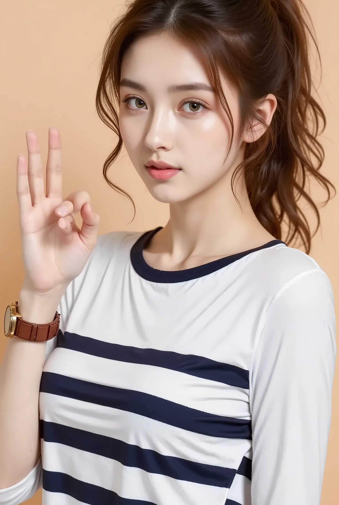 Photograph of a young woman with fair skin, freckles, and green eyes, wearing a white and navy blue striped long-sleeve shirt. She has brown hair tied back loosely and is making a playful "OK" hand sign with her right hand, while puckering her lips as if blowing a kiss. Her left wrist sports a gold watch with a brown leather strap. The background is a plain, light beige, making her the focal point.