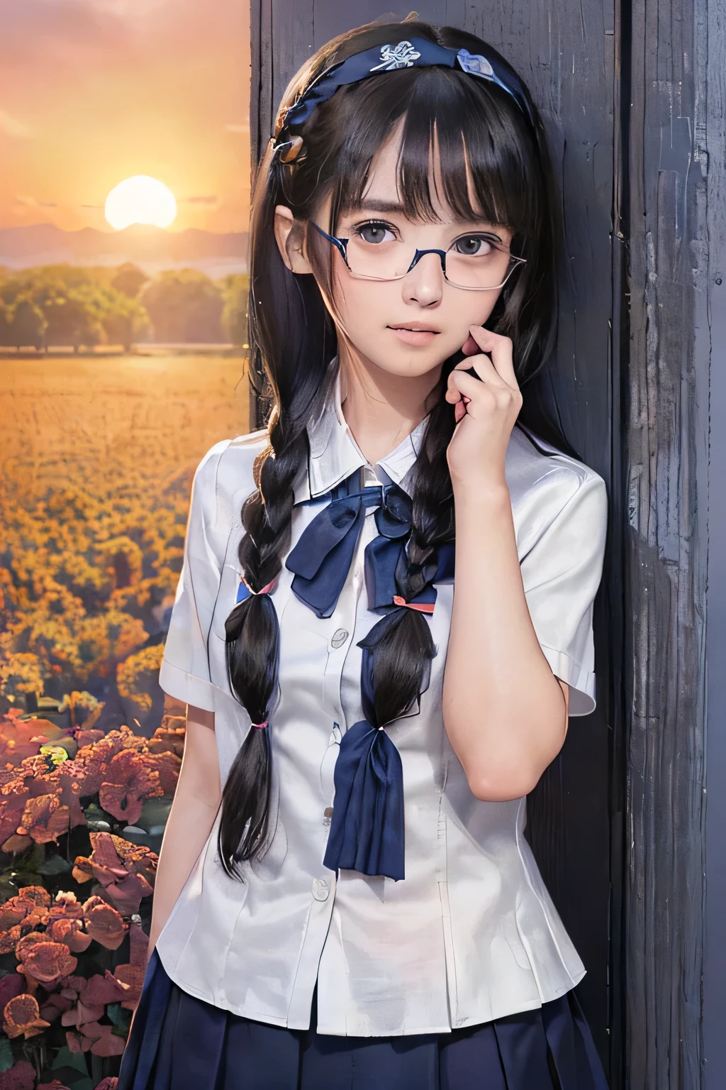 (masterpiece, Best Quality, 8K,Raw photo, High resolution:1.5), (1 girl, upper body, looking at camera:1.6), (full-face blush, embarrassed, shyness:1.9), (highland flower fields, dark sunset view, plateau:1.8), (Candid, Sophisticated, Thin arms, Narrow waist, Slim body, Slender girl:1.7), (Bokeh:1.7), (cleavage, small breasts:1.5), Beauty, (glasses, school uniform with blue ribbon, short sleeve white shirt, navy Pleated miniskirt, white plain headband:1.9), (black hair, short two braids hair, black eyes:1.8), (forehead:1.2), japanese