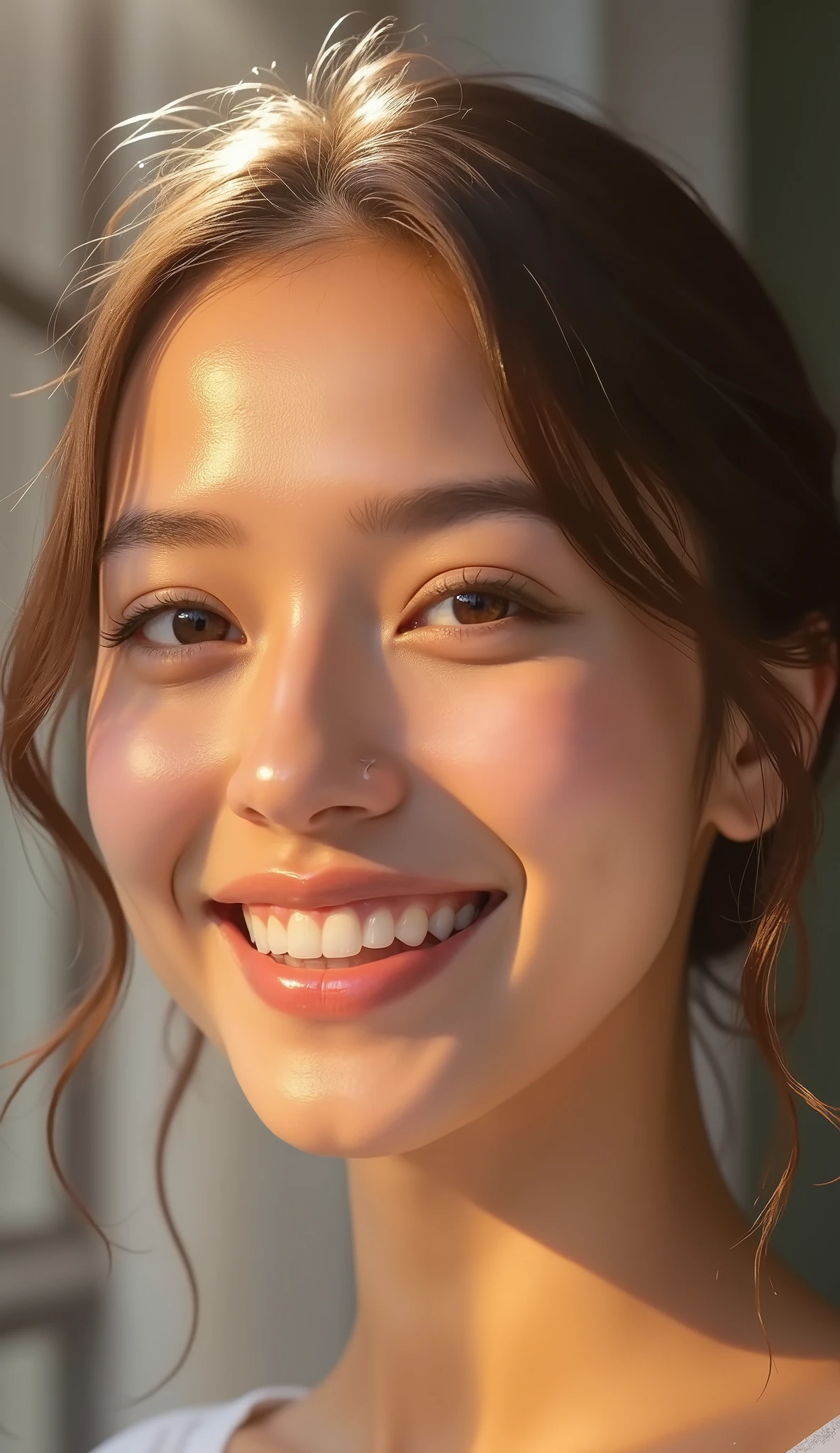 a beautiful woman with the most charming smile, radiant sunlight on her face, prismatic lighting effects adding vibrant colors, captivating smile, detailed facial features, elegant expression, beautiful eyes, delicate nose, alluring lips, long lashes, natural skin texture, high quality, hyper-realistic, photorealistic, 8K, detailed digital painting, cinematic lighting, warm color tones, glowing skin, dreamlike atmosphere