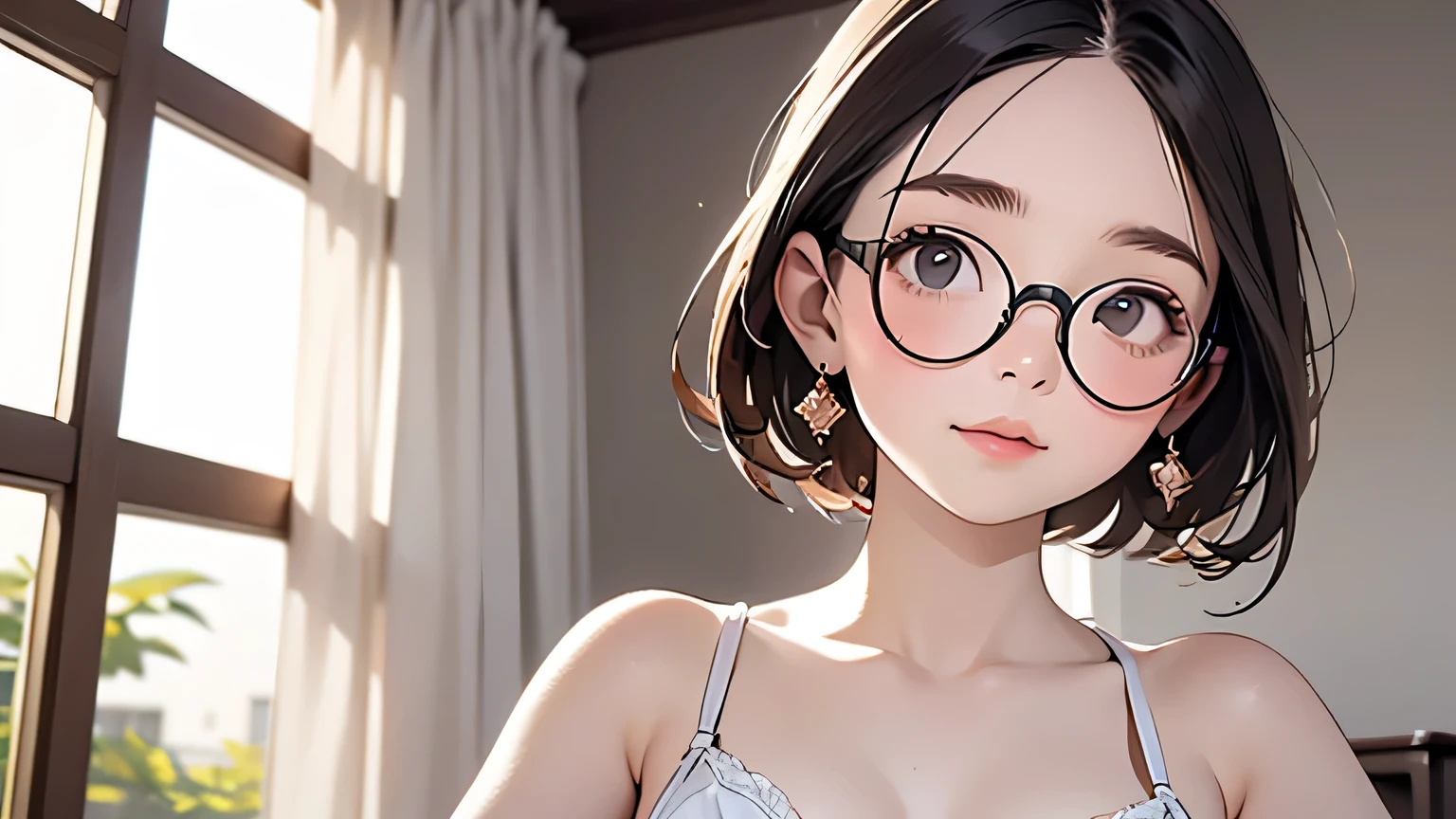 best quality, cartoon_portrait, 1 Indonesian women, solo, looking at viewer, short curly hair, simple background, brown hair,closed mouth, glasses, topless ,normally little breast. lips, swept bangs, brown background, red lips,