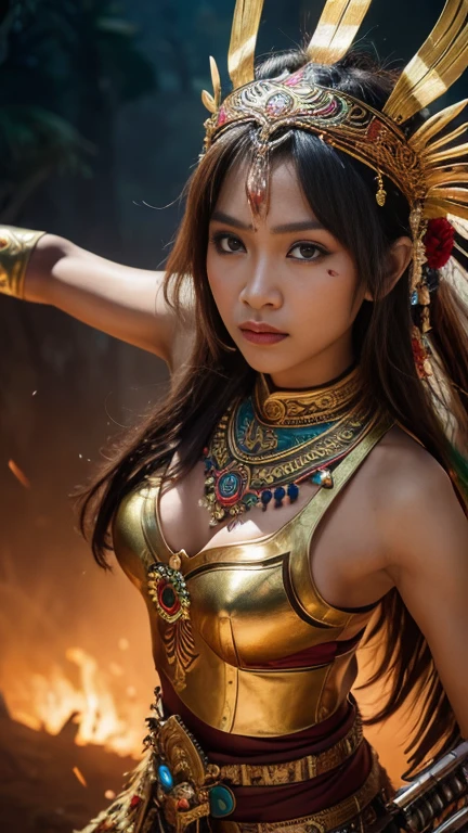 Masterpiece photography, ultra realistic, hyper realistic, hyper details, 4k, 8k, 12k, In the ancient Mayan civilization, a skilled and agile female warrior defends her city-state with a deadly proficiency in hand-to-hand combat. Her intricate headdress and vibrant attire symbolize her status as a revered protector of her people.