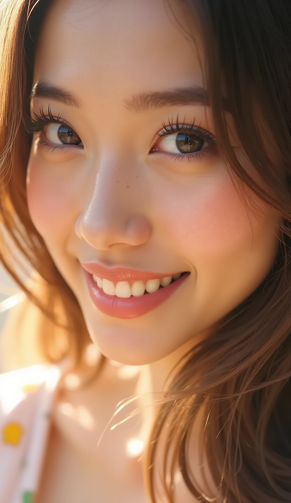 a beautiful woman with the most charming smile, radiant sunlight on her face, prismatic lighting effects adding vibrant colors, captivating smile, detailed facial features, elegant expression, beautiful eyes, delicate nose, alluring lips, long lashes, natural skin texture, high quality, hyper-realistic, photorealistic, 8K, detailed digital painting, cinematic lighting, warm color tones, glowing skin, dreamlike atmosphere