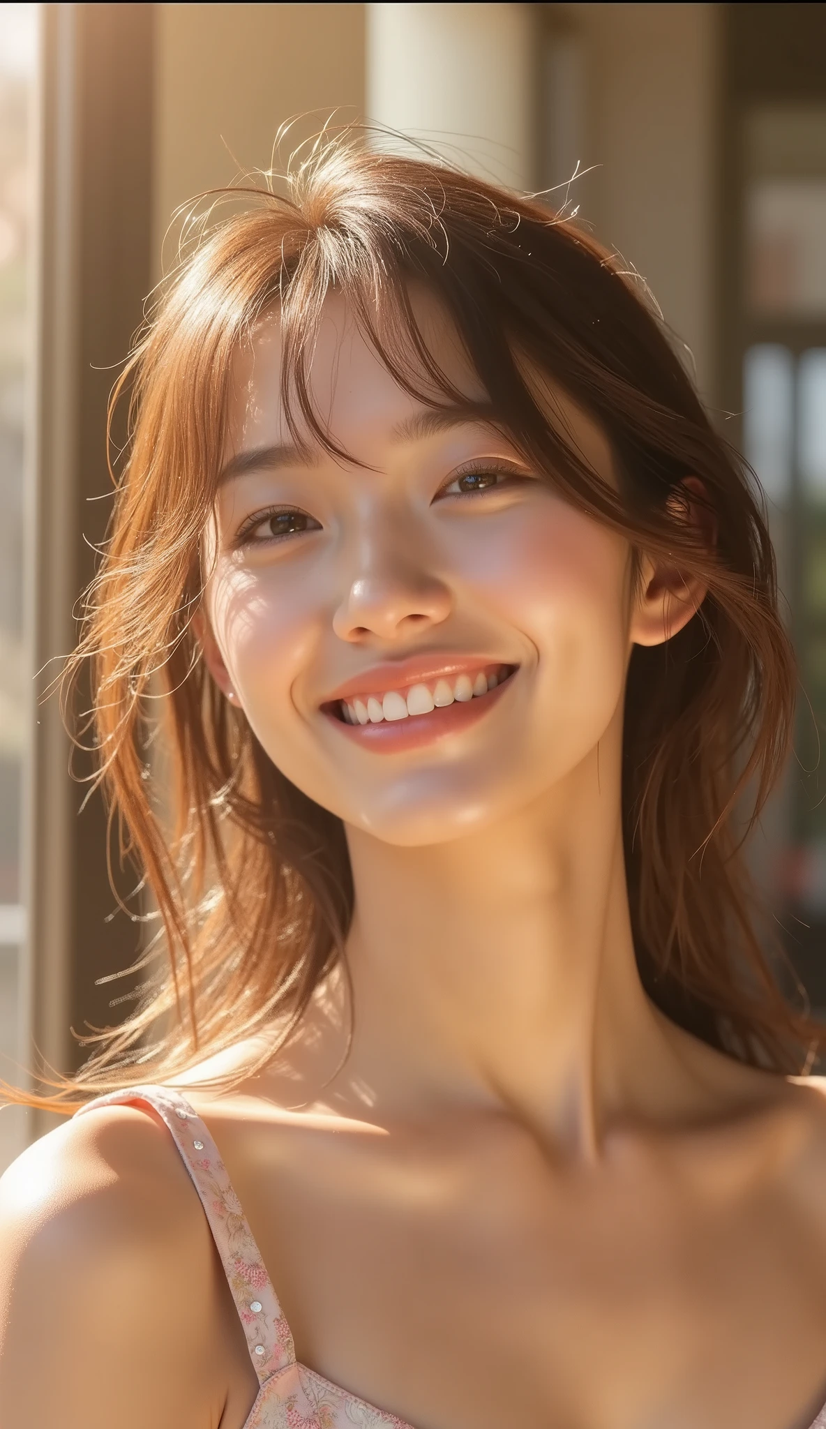 a beautiful woman with the most charming smile, radiant sunlight on her face, prismatic lighting effects adding vibrant colors, captivating smile, detailed facial features, elegant expression, beautiful eyes, delicate nose, alluring lips, long lashes, natural skin texture, high quality, hyper-realistic, photorealistic, 8K, detailed digital painting, cinematic lighting, warm color tones, glowing skin, dreamlike atmosphere
