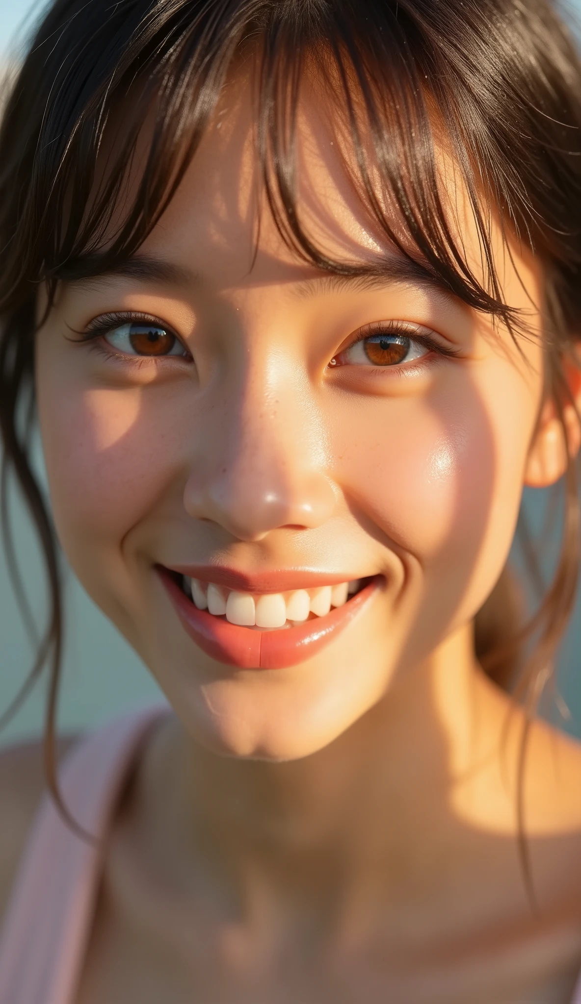 a beautiful woman with the most charming smile, radiant sunlight on her face, prismatic lighting effects adding vibrant colors, captivating smile, detailed facial features, elegant expression, beautiful eyes, delicate nose, alluring lips, long lashes, natural skin texture, high quality, hyper-realistic, photorealistic, 8K, detailed digital painting, cinematic lighting, warm color tones, glowing skin, dreamlike atmosphere