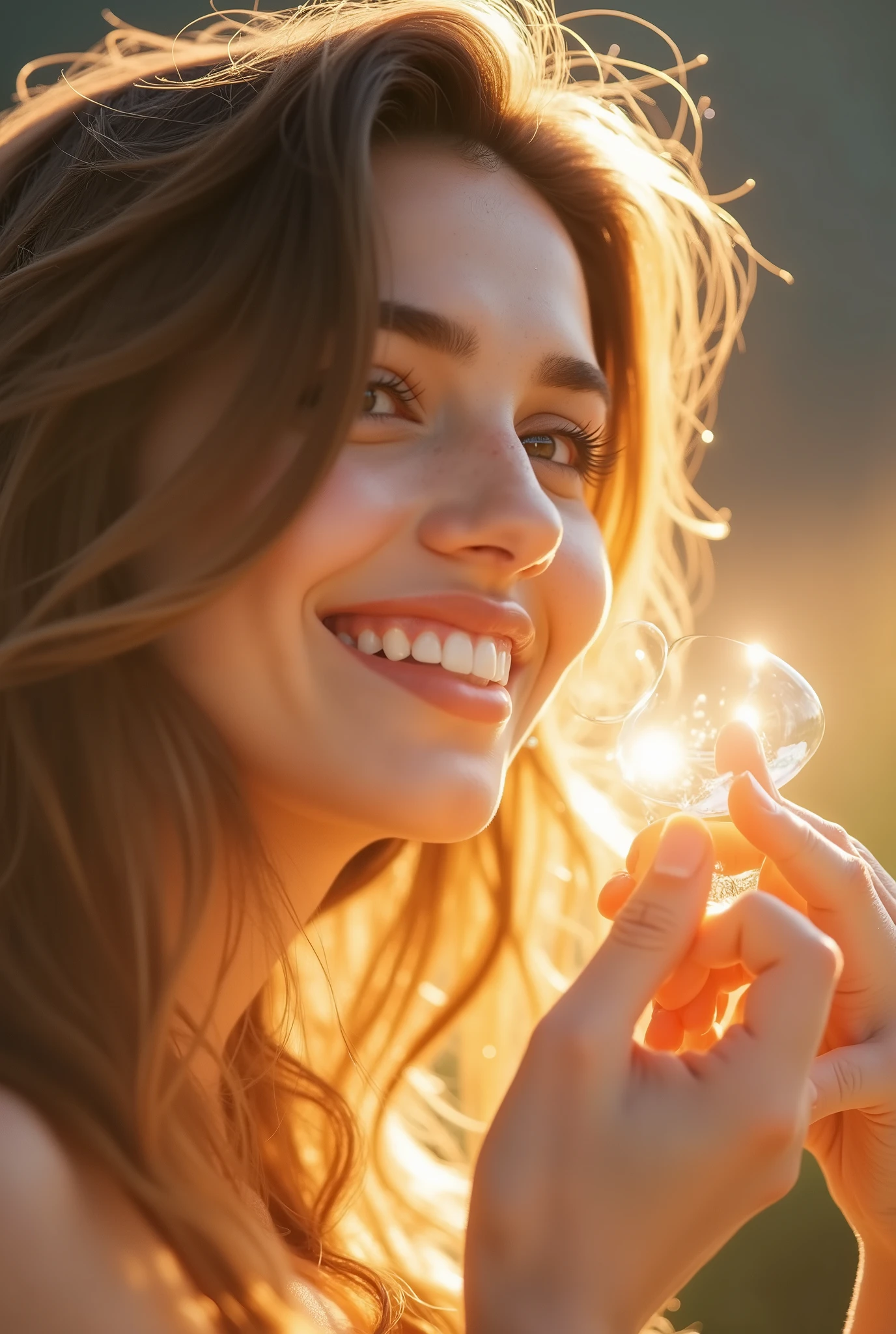 a beautiful woman with the most charming smile, radiant sunlight on her face, prismatic lighting effects adding vibrant colors, captivating smile, detailed facial features, elegant expression, beautiful eyes, delicate nose, alluring lips, long lashes, natural skin texture, high quality, hyper-realistic, photorealistic, 8K, detailed digital painting, cinematic lighting, warm color tones, glowing skin, dreamlike atmosphere