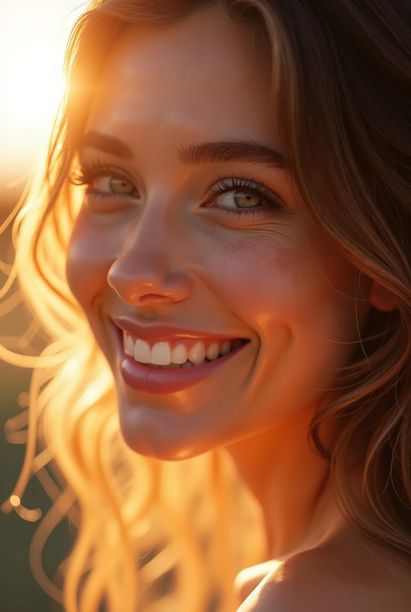 a beautiful woman with the most charming smile, radiant sunlight on her face, prismatic lighting effects adding vibrant colors, captivating smile, detailed facial features, elegant expression, beautiful eyes, delicate nose, alluring lips, long lashes, natural skin texture, high quality, hyper-realistic, photorealistic, 8K, detailed digital painting, cinematic lighting, warm color tones, glowing skin, dreamlike atmosphere