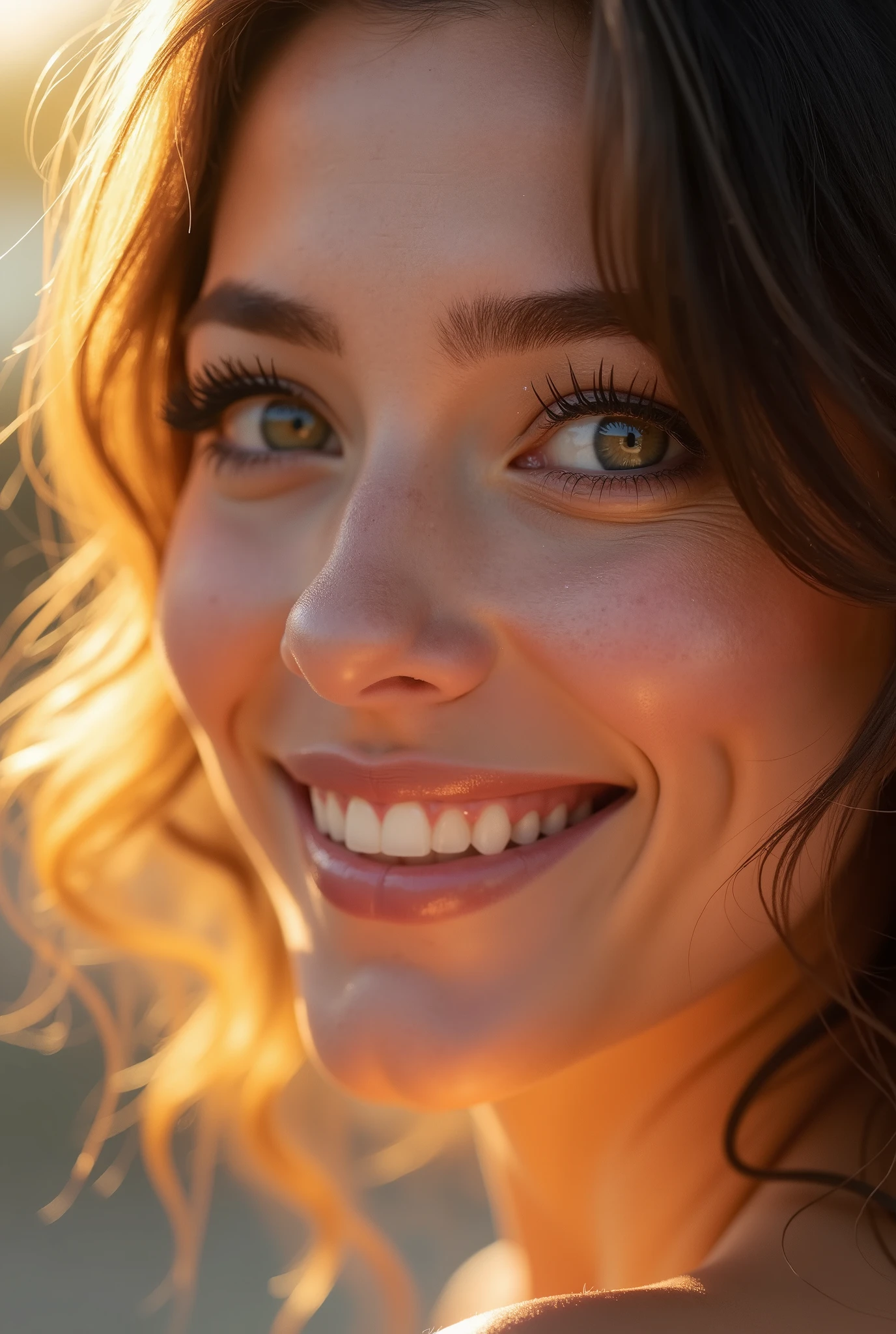 a beautiful woman with the most charming smile, glowing skin illuminated by the warm sunlight, prism effect adding colorful highlights, captivating smile that mesmerizes the viewer, detailed realistic portrait, intricate makeup, flawless skin, bright eyes, lush eyelashes, full lips, delicate facial features, serene expression, natural lighting, vibrant colors, high definition, photorealistic, intricate details, masterpiece, digital art