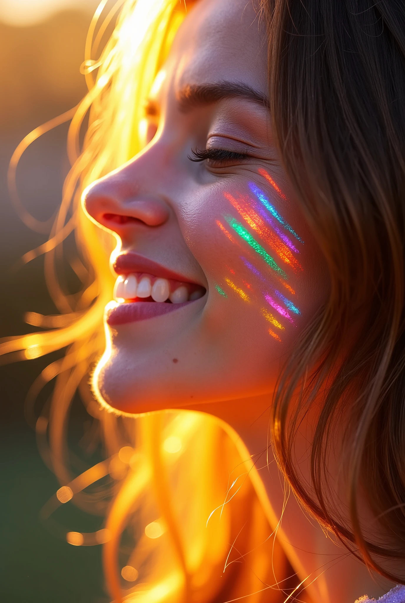 (Shining line drawing of sunlight, sunlight with sharp lines), (long shot, wide shot), (Dynamic shot), (Beautiful immaterial face drawn with multicolored luminous lines of sunlight, no skin or bones, anatomically absurd transparency), Sunlight with beautiful lines making the most of transparency, sunlight with clear skin-colored lines), Converting sunlight reflection into pure color sunlight, Composition of an immaterial world, Smile expressed only with sunlight, Insubstantial atmosphere, Transparent air gazing at you, There is no face there, Only the atmosphere of a smile is transmitted, soft blur smile mixing, very happy atmosphere, bokeh, soft focus,