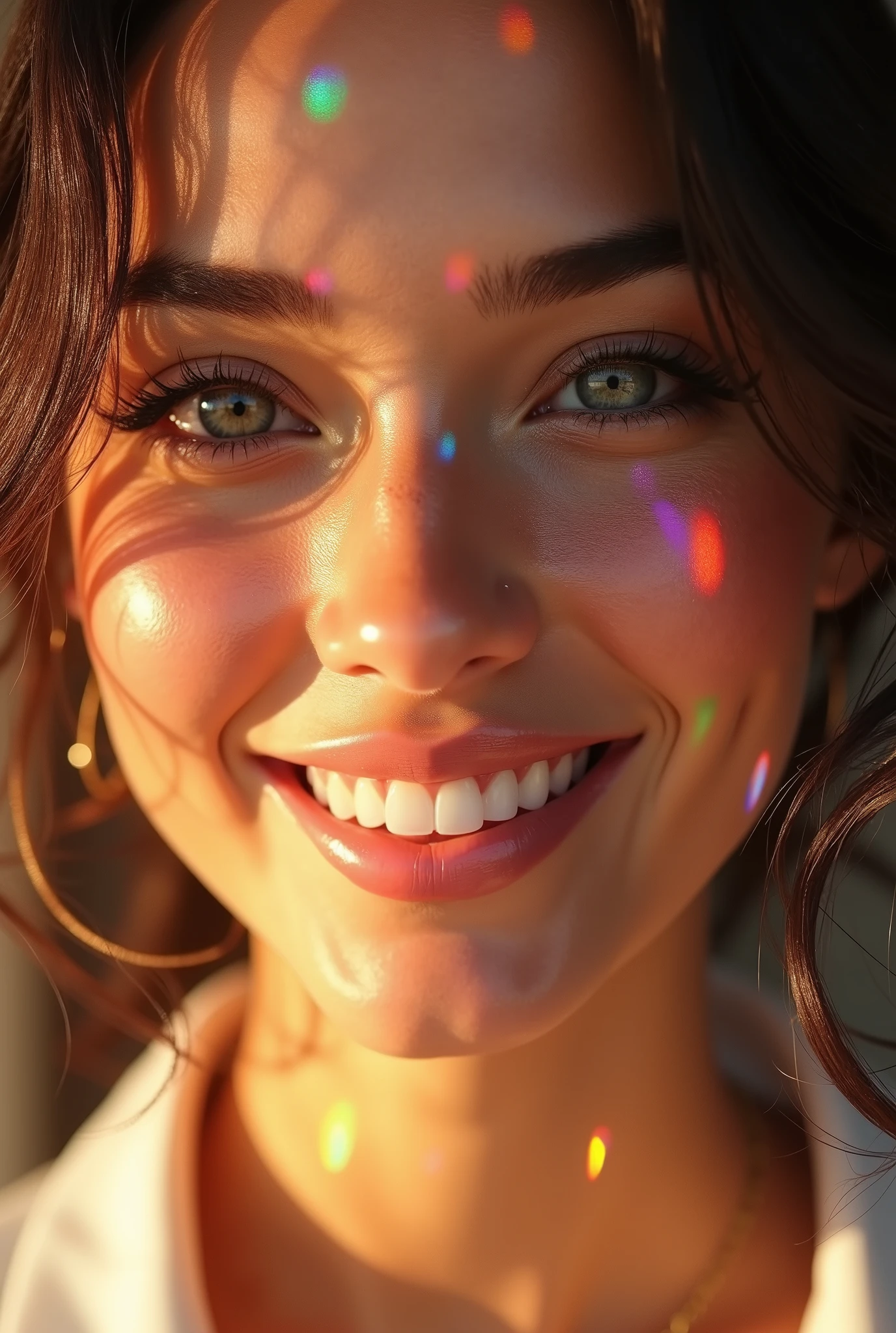 a beautiful woman with the most charming smile, glowing skin illuminated by the warm sunlight, prism effect adding colorful highlights, captivating smile that mesmerizes the viewer, detailed realistic portrait, intricate makeup, flawless skin, bright eyes, lush eyelashes, full lips, delicate facial features, serene expression, natural lighting, vibrant colors, high definition, photorealistic, intricate details, masterpiece, digital art