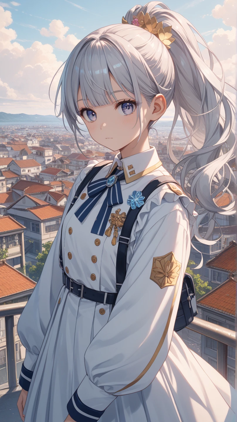 quality（Masterpiece　 Delicate Depiction　UHD（ Ultra Fine）・super detail（ very detailed on trends）・best quality（最高quality）4K）appearance（woman　２０Age　 is tall　 very attractive face 　 ponytail　 pastel　 odd-eye　 Silver Hair　Decoration　uniform　Rin々Shi）composition（School　Warm colors　Mysterious）　 style（anime）