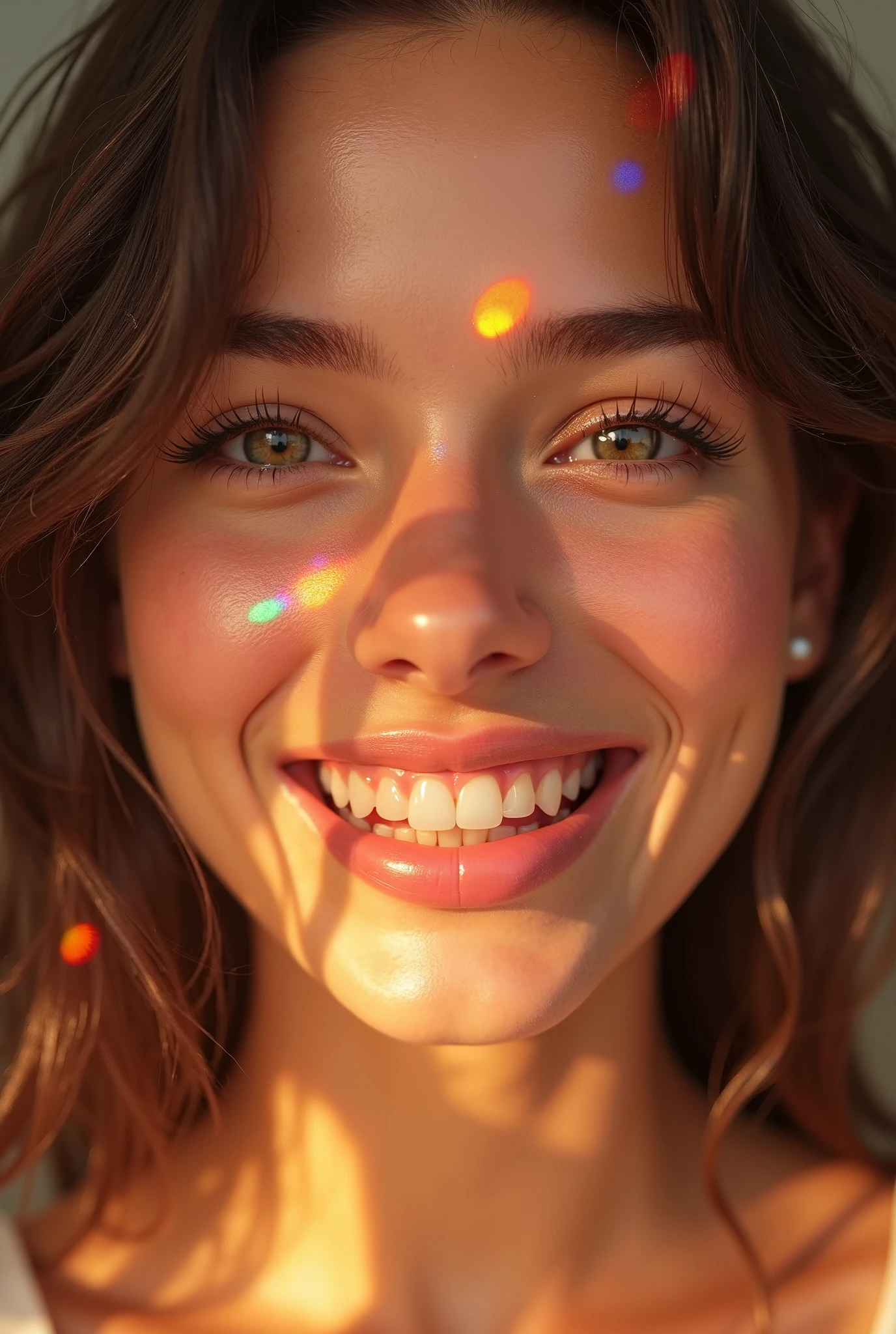 a beautiful woman with the most charming smile, radiant sunlight on her face, prismatic lighting effects adding vibrant colors, captivating smile, detailed facial features, elegant expression, beautiful eyes, delicate nose, alluring lips, long lashes, natural skin texture, high quality, hyper-realistic, photorealistic, 8K, detailed digital painting, cinematic lighting, warm color tones, glowing skin, dreamlike atmosphere