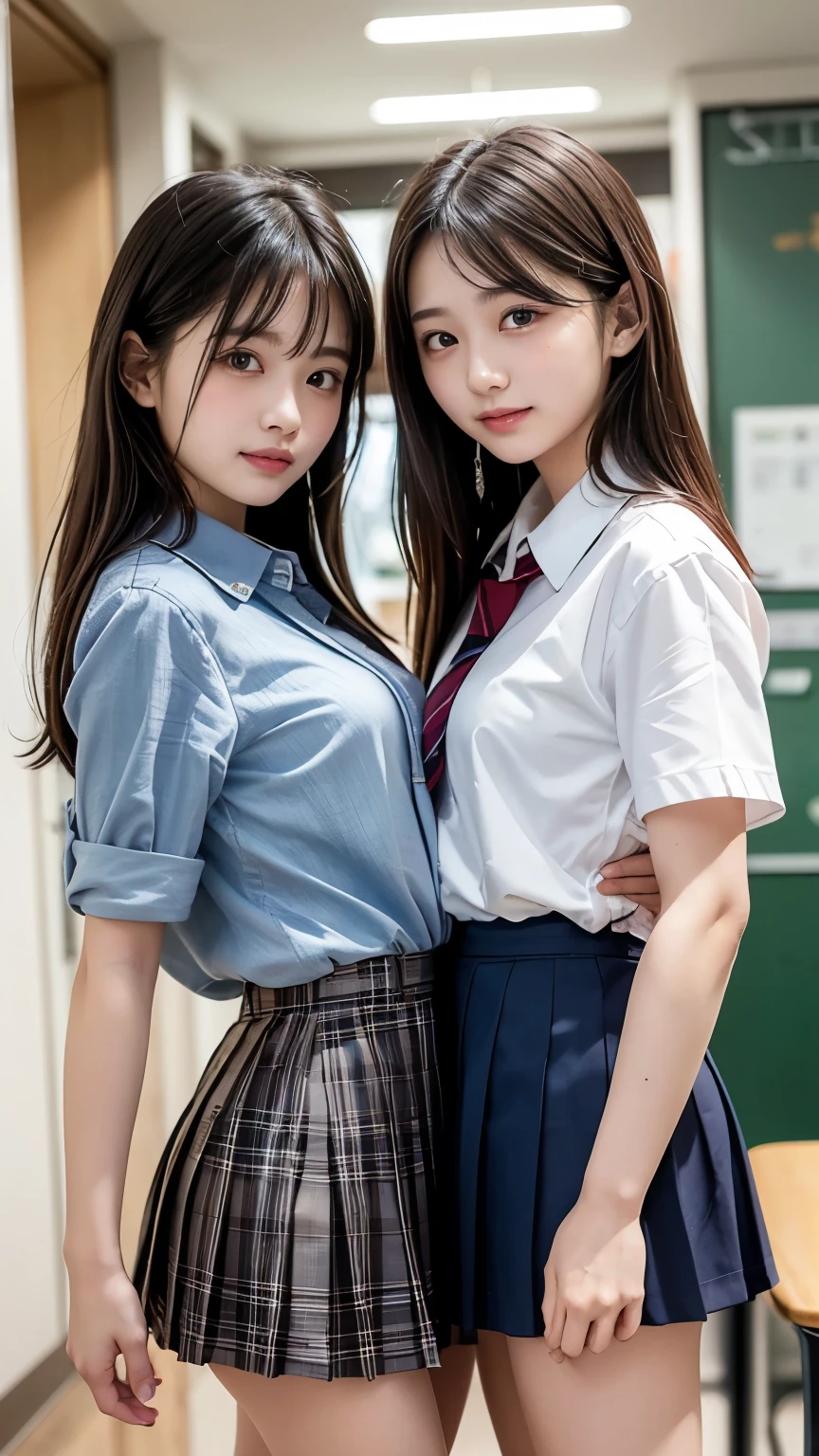 ((masterpiece)),(((最 High Quality ))),(( character design sheet)), Thin Thighs, long legs , ( 2 girls:1.5), beautiful, Japanese , 18 years old, 2, (( high school student from the side, high school girl))、(Intimate Relationships, short skirt 、 plaid pleated skirt ),((uniform、school uniform、Button-up blouse、ribbon))、(( big breasts、Big Breasts, mega breasts ))、 (smile), (bangs), high waist with her, (School, indoor)、( Medium Chest :1.3), long legs 、 Thin Thighs、椅子に座る、(( view from below))、 high resolution, anatomically accurate, 最 High Quality , high detail, high resolutionモデル, High Quality , very detailed on trends, Ultra Fine,