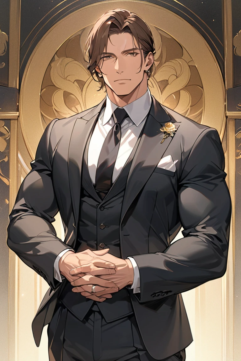 masculine man, muscular, deailed body, gay, detailed, elegant suit, hairy body, veiny hands, mirio, blonde, seductive look