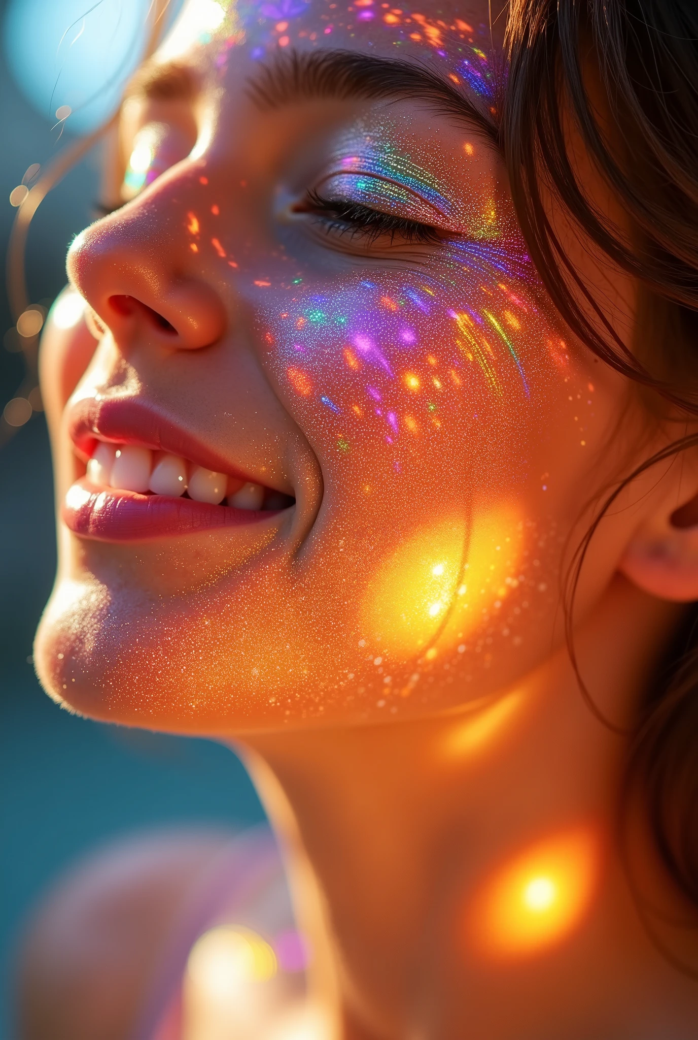 (Shining line drawing of sunlight, sunlight with sharp lines), (long shot, wide shot), (Dynamic shot), (Beautiful immaterial face drawn with multicolored luminous lines of sunlight, no skin or bones, anatomically absurd transparency), Sunlight with beautiful lines making the most of transparency, sunlight with clear skin-colored lines), Converting sunlight reflection into pure color sunlight, Composition of an immaterial world, Smile expressed only with sunlight, Insubstantial atmosphere, Transparent air gazing at you, There is no face there, Only the atmosphere of a smile is transmitted, soft blur smile mixing, very happy atmosphere, bokeh, blur.