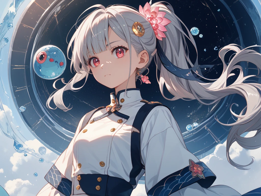 quality（Masterpiece　 Delicate Depiction　UHD（ Ultra Fine）・super detail（ very detailed on trends）・best quality（最高quality）4K）appearance（woman　２０Age　 is tall　 very attractive face 　 ponytail　 pastel　 odd-eye　 Silver Hair　Decoration　uniform　Rin々Shi）composition（School　Warm colors　Mysterious）　 style（anime）