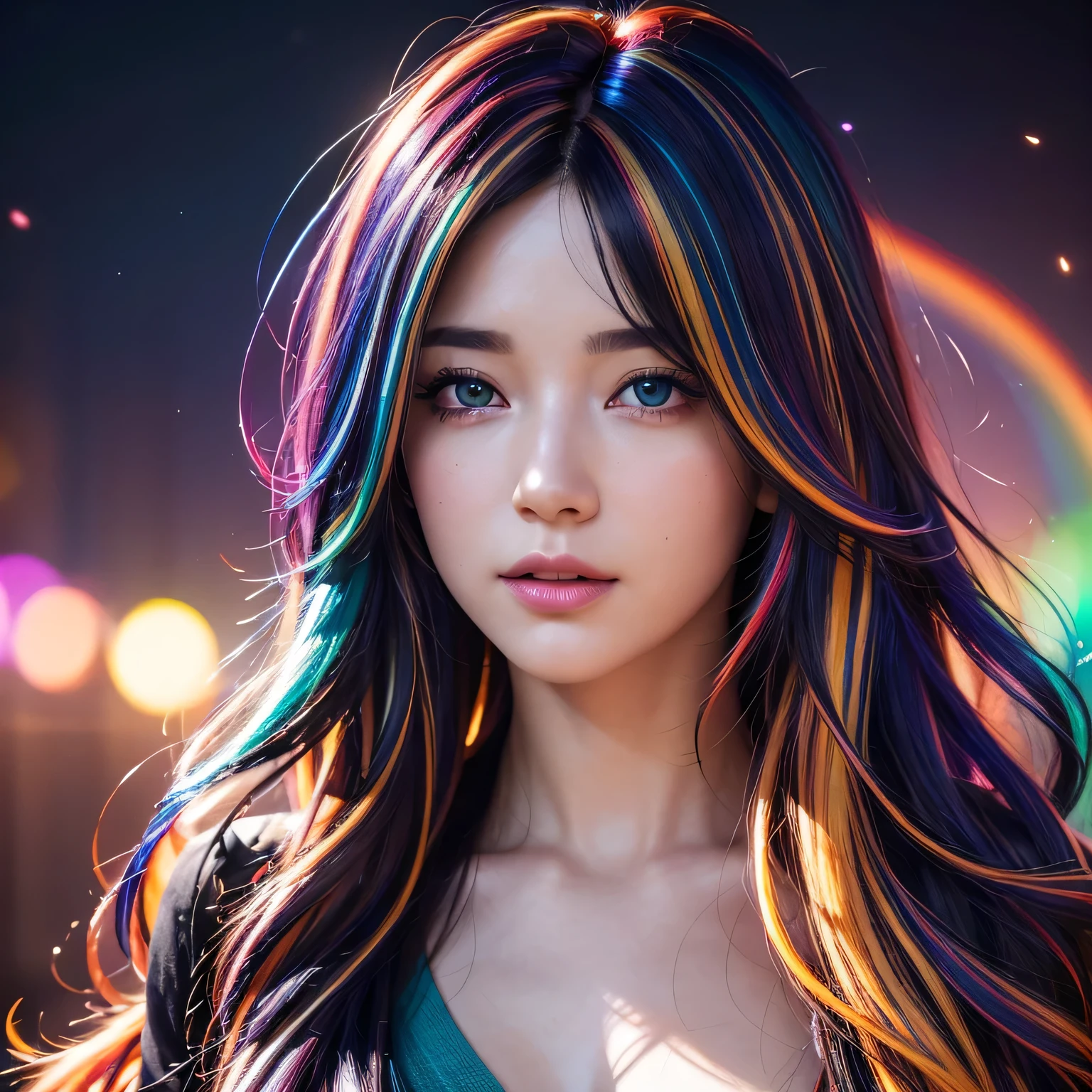 {{Masterpiece}}, best quality , Highly Detailed CG Unity 8K Wallpaper , cinematic lighting, lens flare, beautiful eyes in every detail , black, Sideline, multi-colored hair , colorful light, particle, Heterochromia, ( colorful :1.5), ( colorful hair:1.5),
information