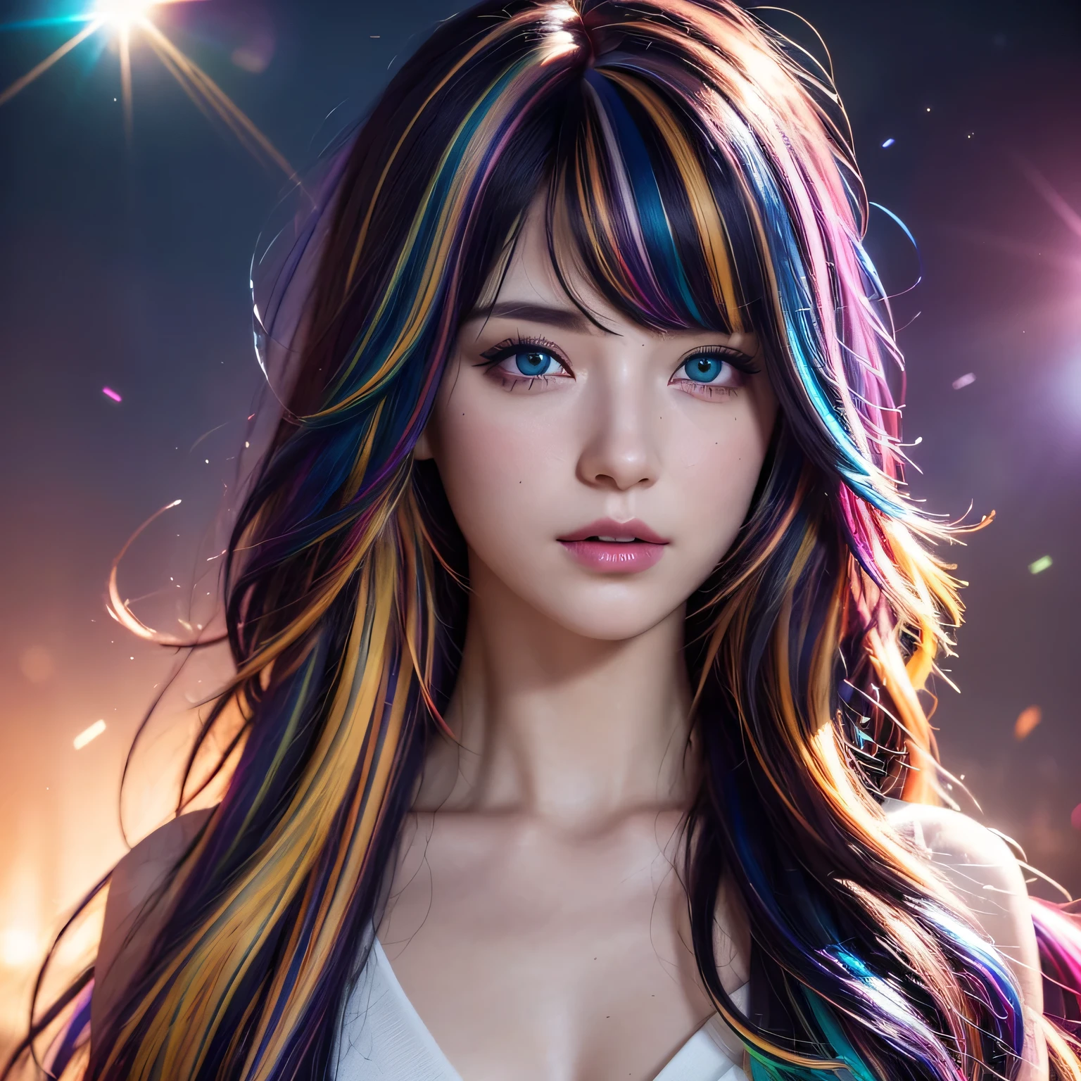{{Masterpiece}}, best quality , Highly Detailed CG Unity 8K Wallpaper , cinematic lighting, lens flare, beautiful eyes in every detail , black, Sideline, multi-colored hair , colorful light, particle, Heterochromia, ( colorful :1.5), ( colorful hair:1.5),
information
