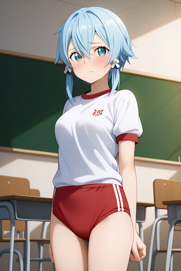 masterpiece,best quality,{{detailed beautiful face and eyes}}, very detailed background,
Shino Asada,{{{megami magazine}}},short hair,blue hair,bangs,hair between eyes,hair ornament,sidelocks,blue eyes,slit pupils,medium breasts,
gym uniform,red buruma, white shirt, short sleeves, thighs,
1girl,(is embarrassing,big blush,closed mouth:1.0),
((standing,cowboy shot,looking at viewer:1.2)),
(classroom:1.0),clothed