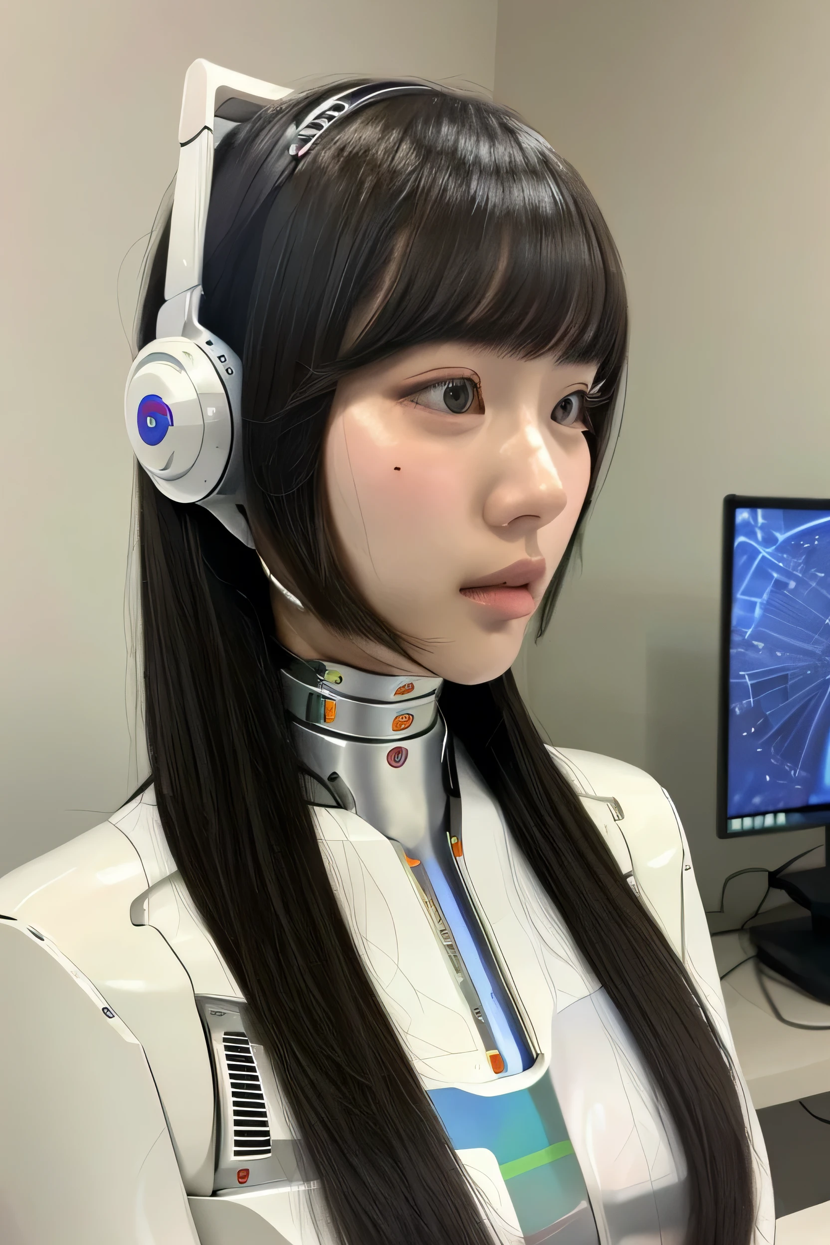 masterpiece, best quality, extremely detailed,portrait,upper body,front view,Japaese android girl,Plump, control panels,android,Droid,Mechanical Hand, Robot arms and legs,Blunt bangs,long tube,thick cable connected her neck,