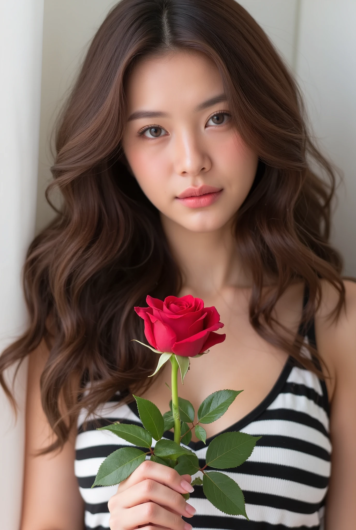 A stunning young woman with luscious, long, curly brown hair and captivating brown eyes, wearing a classic black and white striped top, stands confidently while gently cradling a delicate, velvety red rose in her hand, set against a soft, dreamy background.