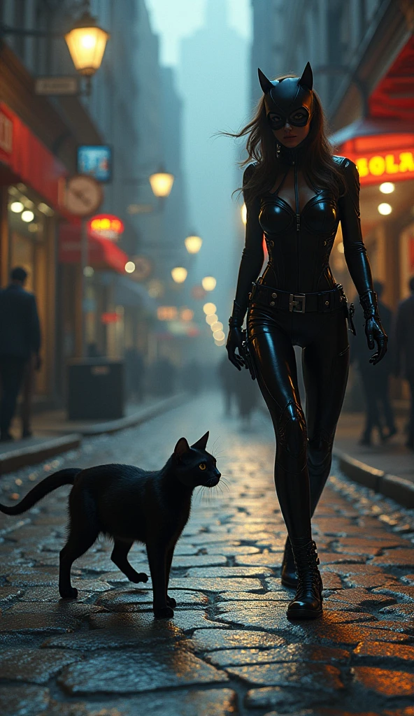 Hybrid woman with a cat body dressed in black leather walking under a shower of stars accompanied by black cats 