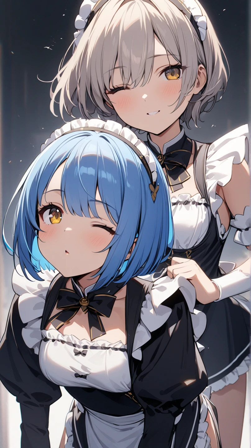 1 Girl, , turn your gaze ,, smiles、 top quality, blue hair, , Gold eyes , color々 shot、 short bob cut、Hide one eye、one eye closed、Rizero 、REM、Young girl、Maid、 cute、look up, CuteRem 、I'm staring at you、The wind blows softly、Looking up、Wake Up Kiss 、 squats、 simple background, 1 Girl, turn your gaze ,A gentle gaze、Chinese-style maid clothes、Bold