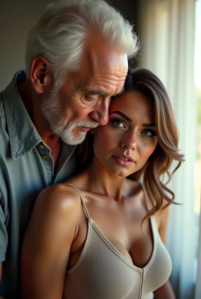 Pretty japanese woman, she has very beautiful long hair, a seductive gaze,she is on the couch smiling next to a 50 year old Brazilian man, detailded, photoshot_\( ultra\), photoshotrealisitic, realisitic, Post-processing, Maximum details, roughness, real-life, ultrarealisitic, photoshotrealism, photoshotgraphy, 8k hd, photoshotgraphy