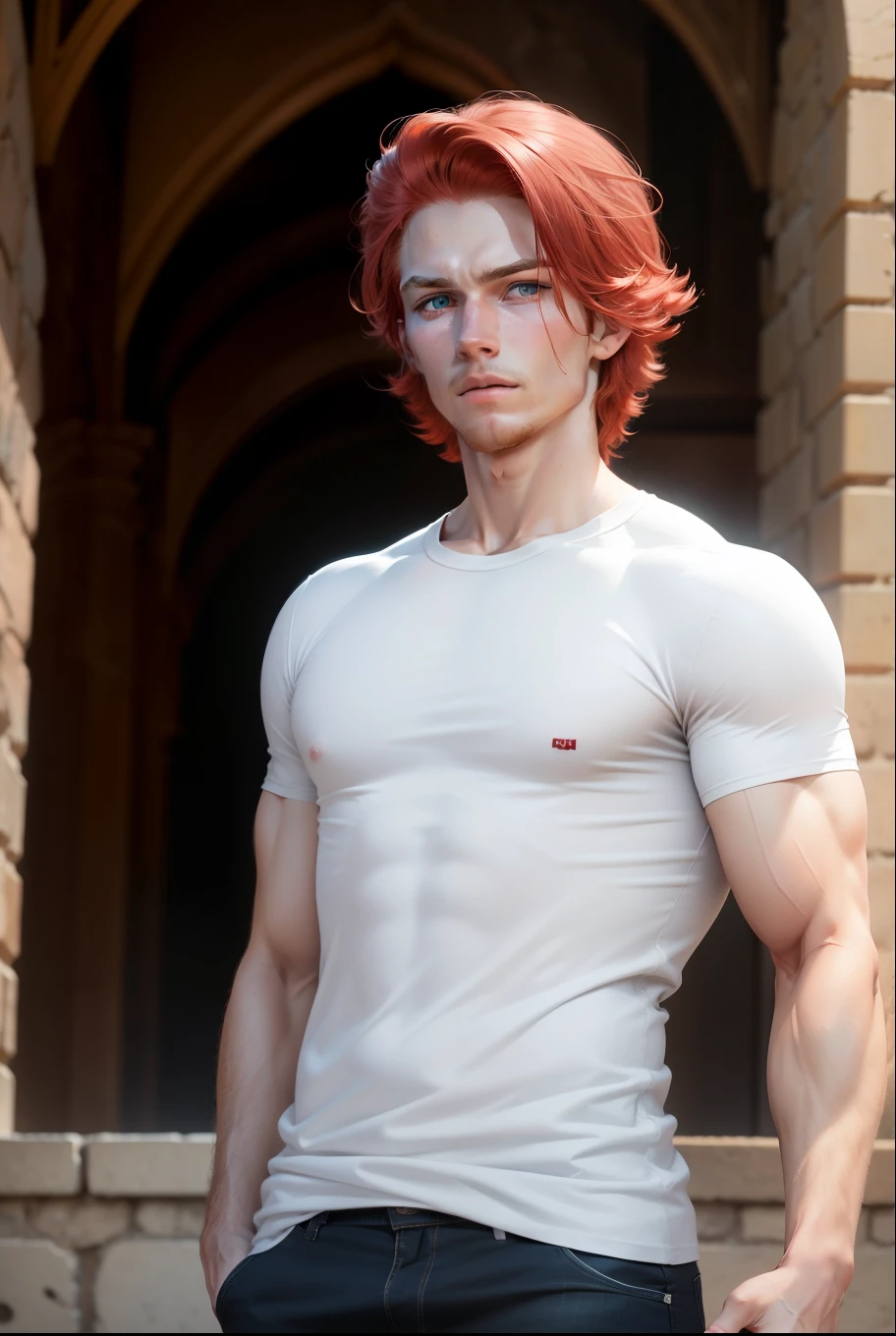 Make a standing man with red hair , freckles , eyes with heterochromia, one blue eye and the other green and fair skin