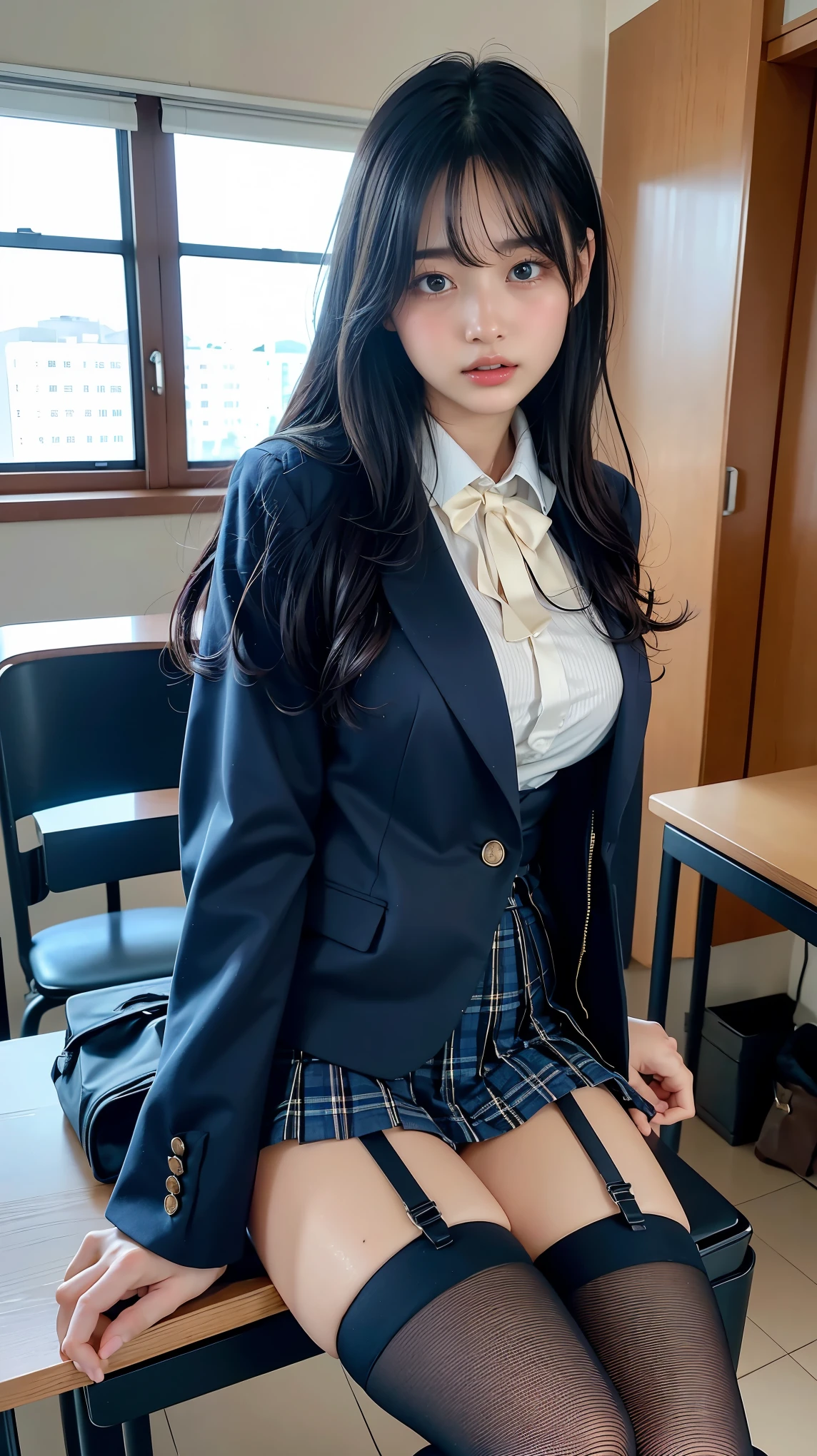 (8K、RAW Photos、Highest quality、masterpiece:1.2)、(Realistic、Photorealistic)、1 Girl、((Check mini skirt、Loafer Uniform、blazer、Small breasts、classroom、I sat on a chair、Viewed from the front、Spread your legs、White silk panties))、Lots of eyelashes、Add shine to your eyelids、skeletally correct、Show off your panties、Open your legs to the side、Panty Shot、sexy、(Panties close up:1.0)、Skirt Lift、Lift up the skirt、I can see her pant(M-shaped legs))