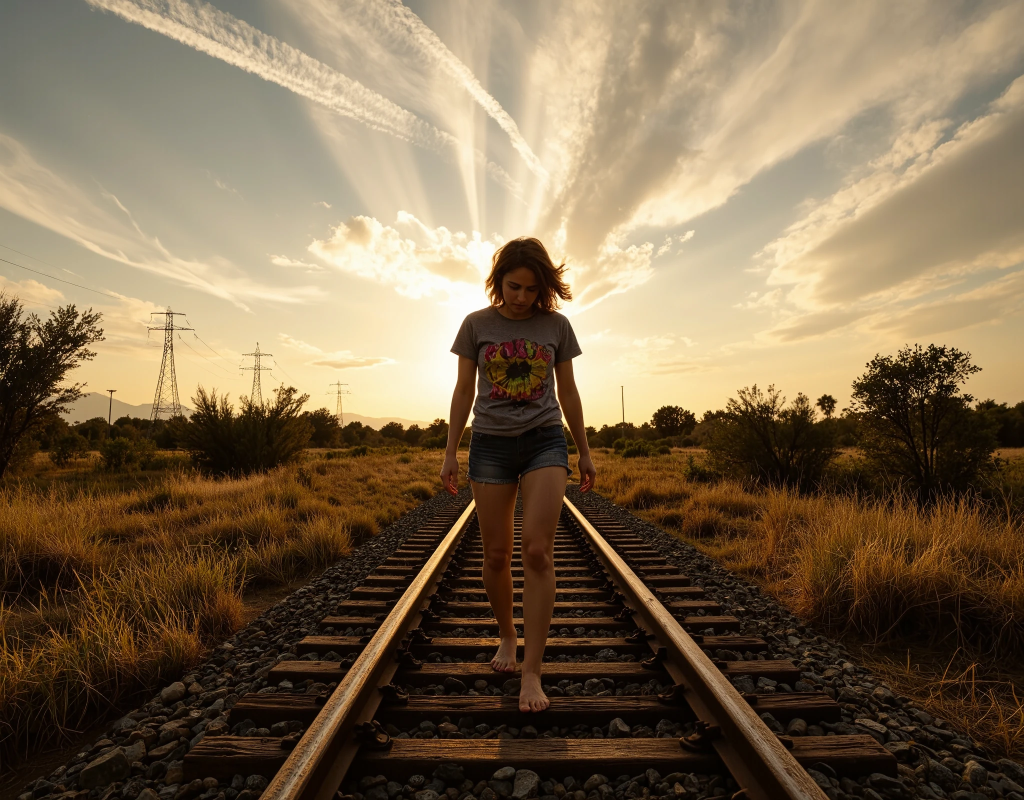 A cinematic shot of an 18-year-old girl walking along an abandoned train track, her long brown hair tousled by the summer breeze. She wears a gray t-shirt with a psychedelic print and frayed denim shorts, her gaze fixed downward as she moves thoughtfully. The track is surrounded by California vegetation—golden grass and scattered shrubs—with distant transmission towers and power lines visible through a soft depth of field. The summer sunset bathes the scene in warm, golden light, with sunbeams breaking through sparse clouds, creating a 'ray of god' effect. Airplane trails crisscross the sky, and a subtle bokeh adds cinematic depth, enhancing the atmosphere of solitude and introspection. "Bottom view".