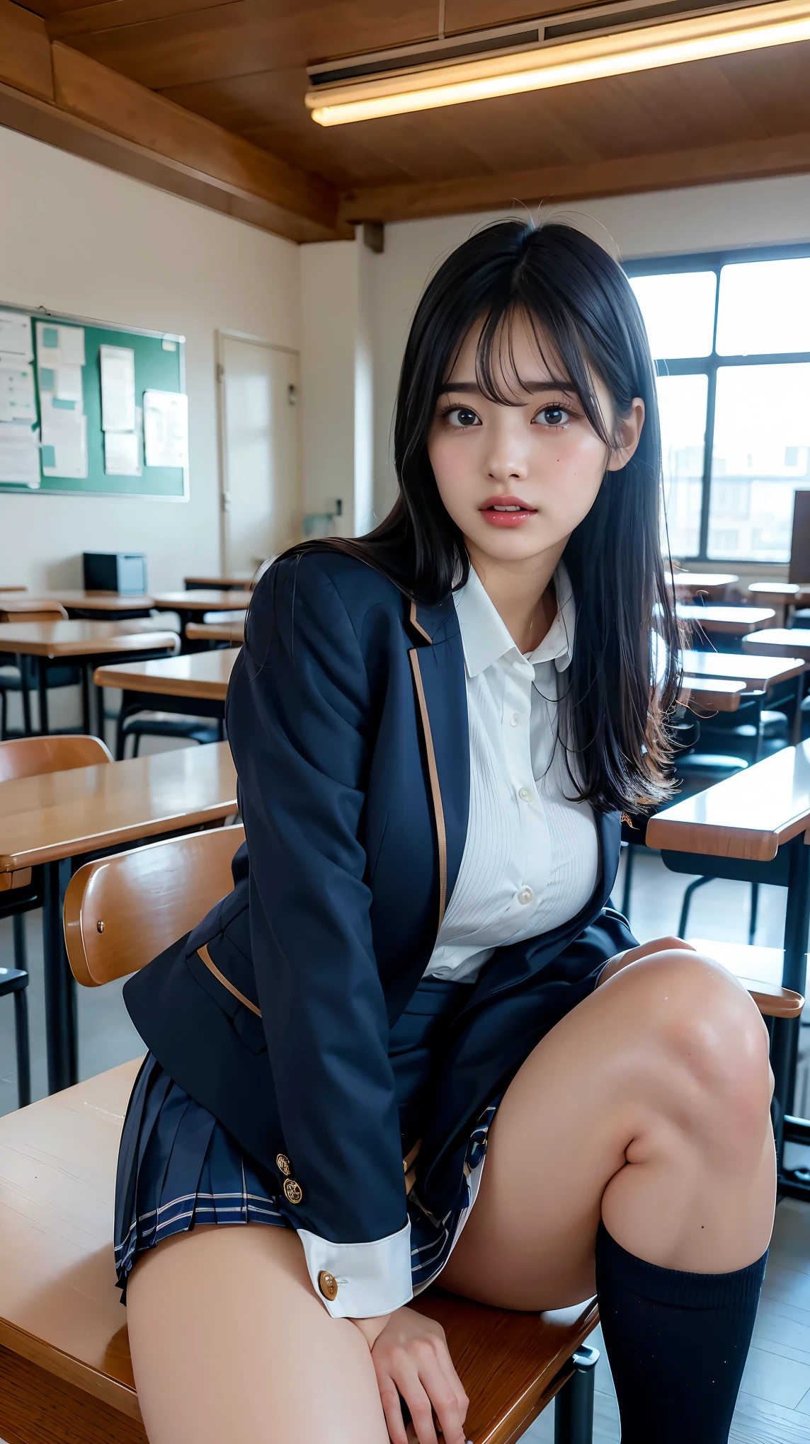 (real light:1.4), (highest image quality:1.0), (超High resolution:1.0), 10, RAW photography, (master-piece:0.2), (pureerosface_v1:0.5)、perfect anatomy、 girls look forward in the classroom.、Asian women in uniform, Cute Japanese Girl, Japanese junior high sgirls, Low Tt on a chair, ck silk., evening dress ,Smaller breasts , Very slender.、Her face flickered.、Sweat, Ponytel、Thighs, thighs, thighs、glowing thigh、clavicle、Shining collarbone、The chest of the shirt flutters its wings.、Sleek, Esbian Full Body、thin-waist、Thin legs、Evening Light、Light makes your hair shiny.、Esbian Full Body