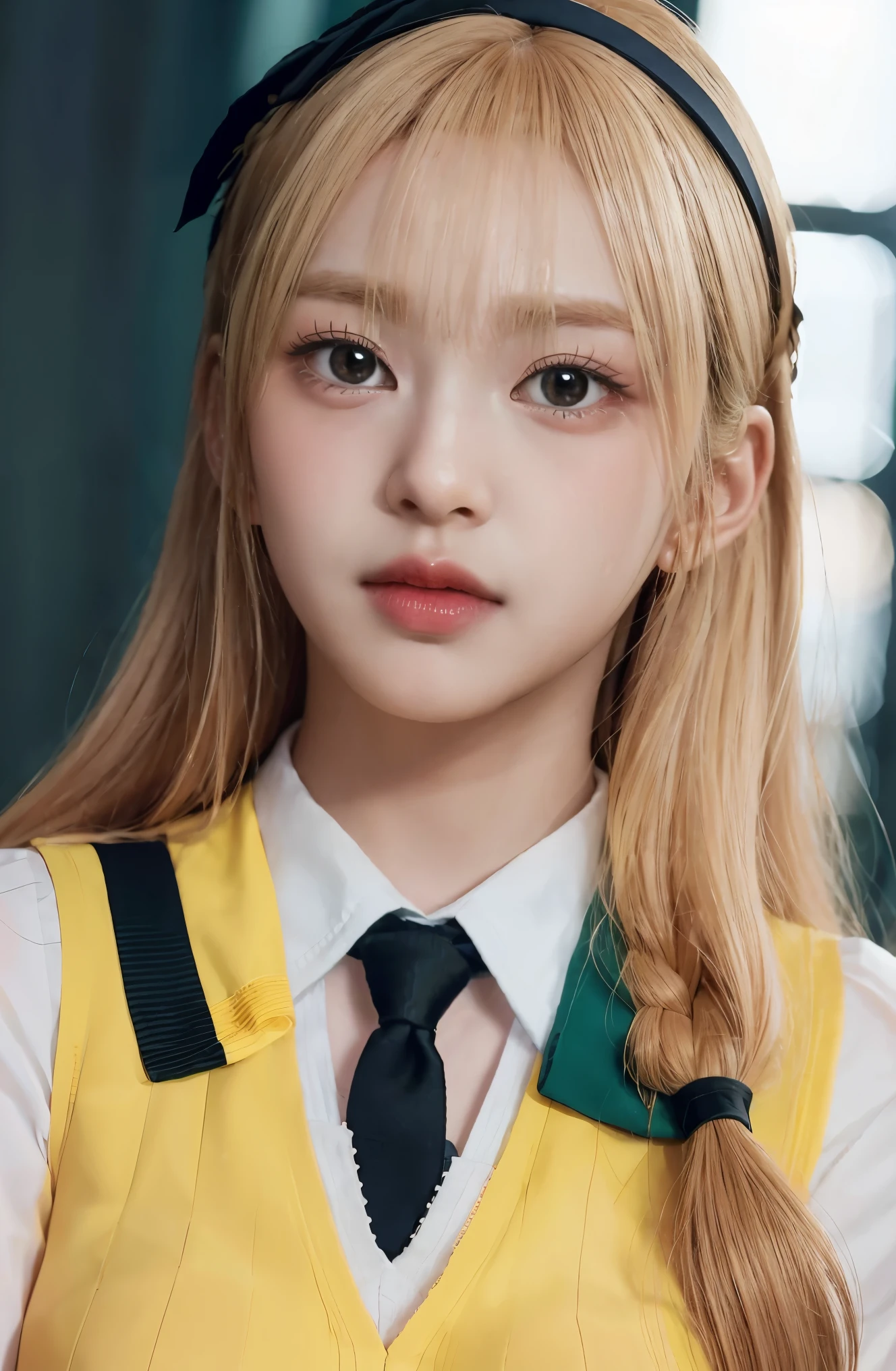 1girl, high quality, 8k, photorealistic, masterpiece, detailed face, beautiful detailed eyes, beautiful detailed lips, extremely detailed eyes and face, long eyelashes, school uniform, blonde hair, red eyes, hairband, sailor collar, yellow necktie, green dress, black pantyhose, detailed background, intricate details, cinematic lighting, vibrant colors, anime style