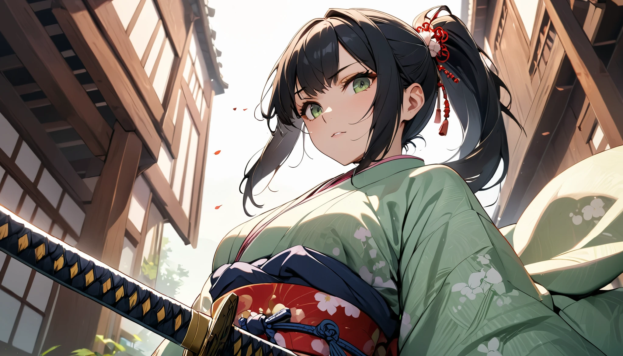 ((( best quality , 8k, Masterpiece: 1.3)), ( Details), Perfect Face, high resolution, Textured Skin, Anime Style , Girl Samurai, girl , black hair, side ponytail , Japanese sword in a scabbard, kimono, light green Japanese clothing, from below