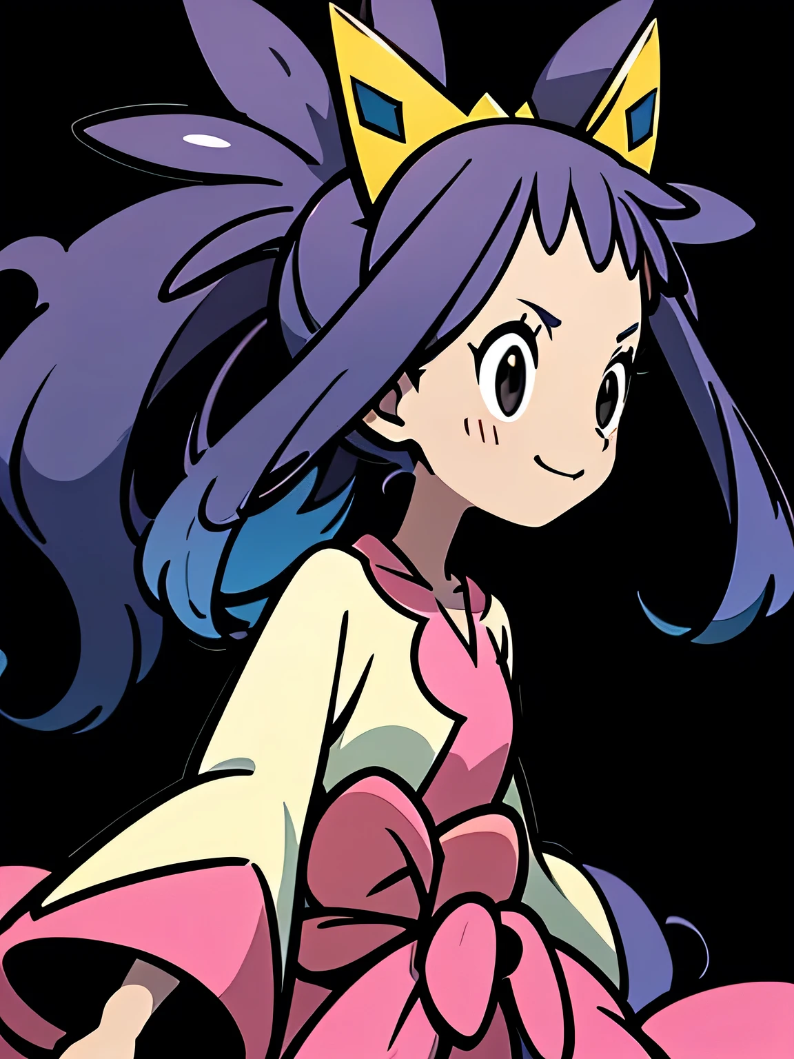 dutch angle,sideview,(upperbody),cute face:1.3, Iris, 1girl, solo, dress, tiara, wide sleeves, standing, very long hair, bow, low-tied long hair, waist bow, collarbone, shirt, closed mouth, smile, upperbody, white simple background,murakami takashi:1.3,kaleidoscope,outline,(illustration),