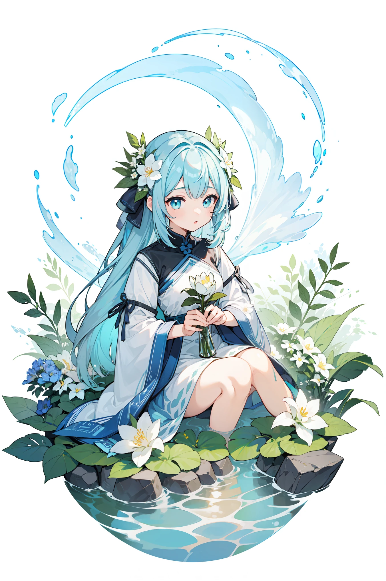 ( Fine Best Quality Illustration:1.2), girl、 gray-blue hair(A little green )、long hair、goddess、mechanical、flower、water、 perfect light 、Odd Pupils 