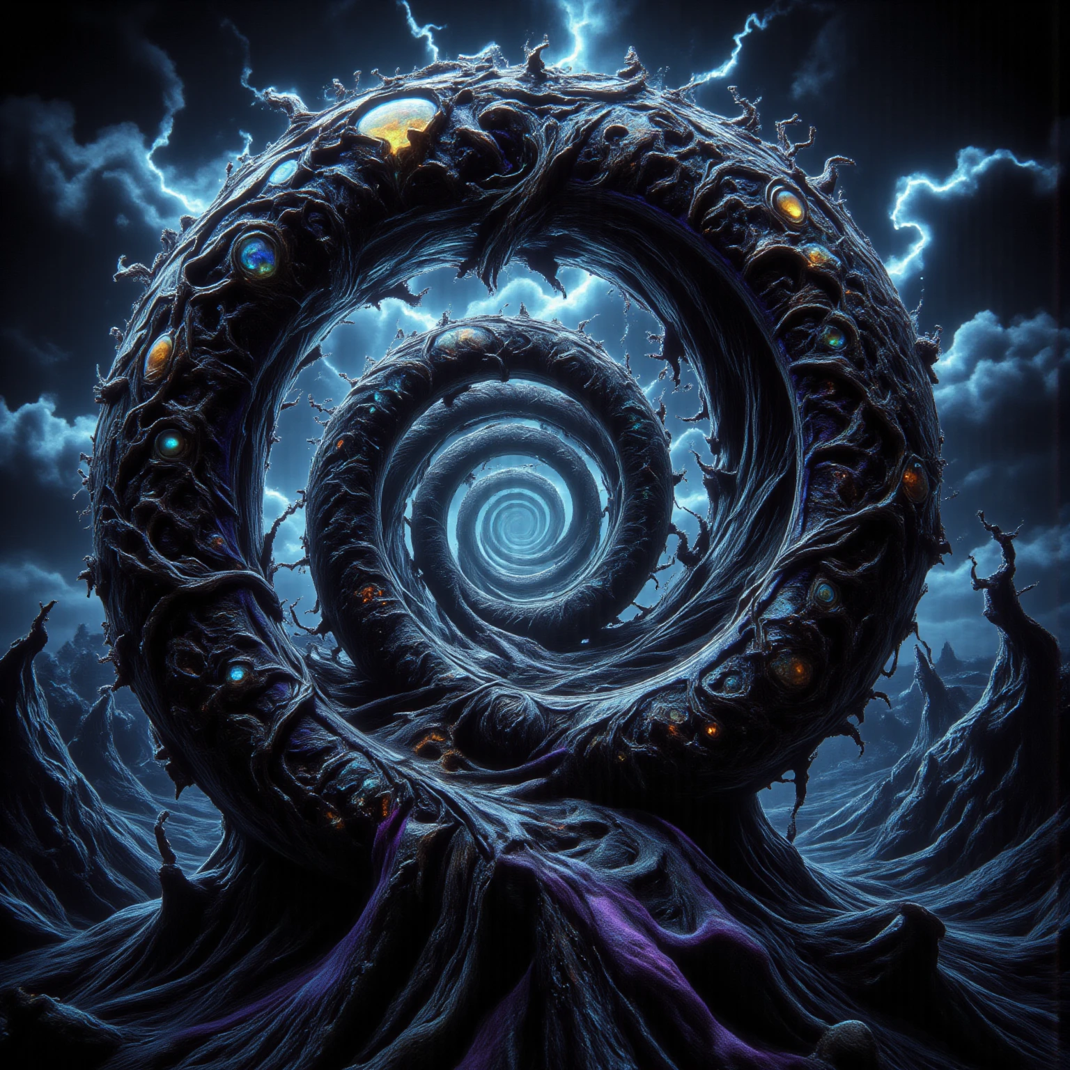 Create a 3d masterpiece  from this swirling spiral image. Depth of field, UHDR,  Give some realistic sunstance and texture to go with the colors in a way that will make the image appear to come right off the screen at the viewer. Attention to detailbon the creation of the substance and texture. Fractal Geometry should build up the patterns that could be used for texture and decorate the ends of the arms of the spirals. Make everything pop with realistic looking features and professional level quality artwork. Highers, cinematic photography, cinematic portrait, cinematic lighting, portrait photography, hyperrealism, ultra detailed images, award winning, God rays, backlighting with depth of field and realism a priority. Icon style imagery. Iconic features to the extreme. Dramatic cinematography, 8k, ultra-fine painting, sharp focus, and clean, clear, ink highlighted artwork. Photorealistic and third demintonal work. Awe-inspiring, stunning,beautiful,iconic,masterpiece.