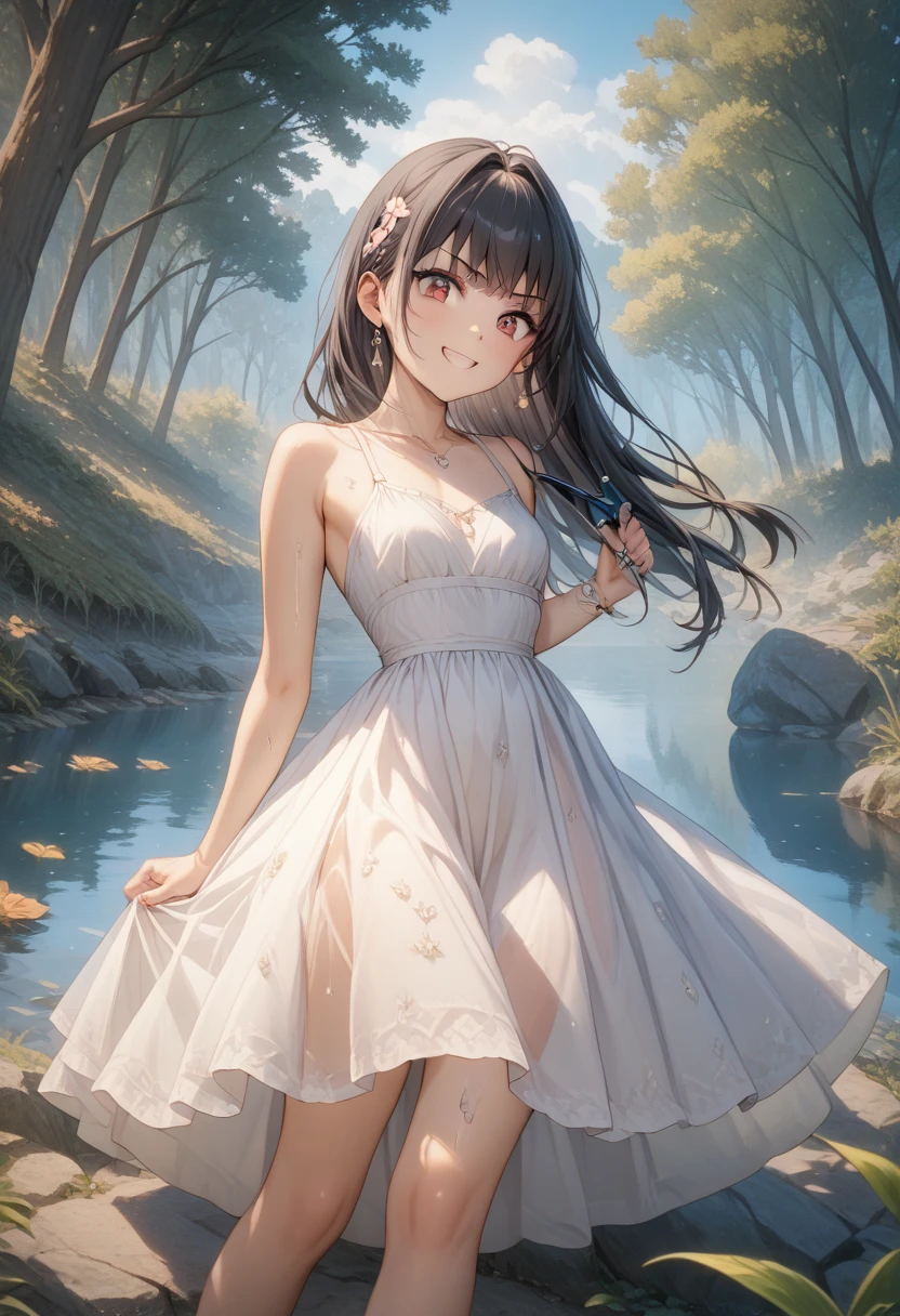 very cute and beautiful girl,frilled white summer dress with detailed lace,(skirt lift,white panties),
(highly detailed beautiful face and eyes),cowboy shot,(smile),black hair,flower crown,
(standing near water spring in forest),fog,fantastic stone monument,detailed landscape,
(best quality,masterpiece:1.0),absurdres,highres,ultra-detailed,extremely detailed,32k,8k resolution,
intricate details,cinematic scene,detailed background,solo,dynamic angle,
cinematic lighting,dim light,hair fluttering in the wind,perfect hands,(realistic),
