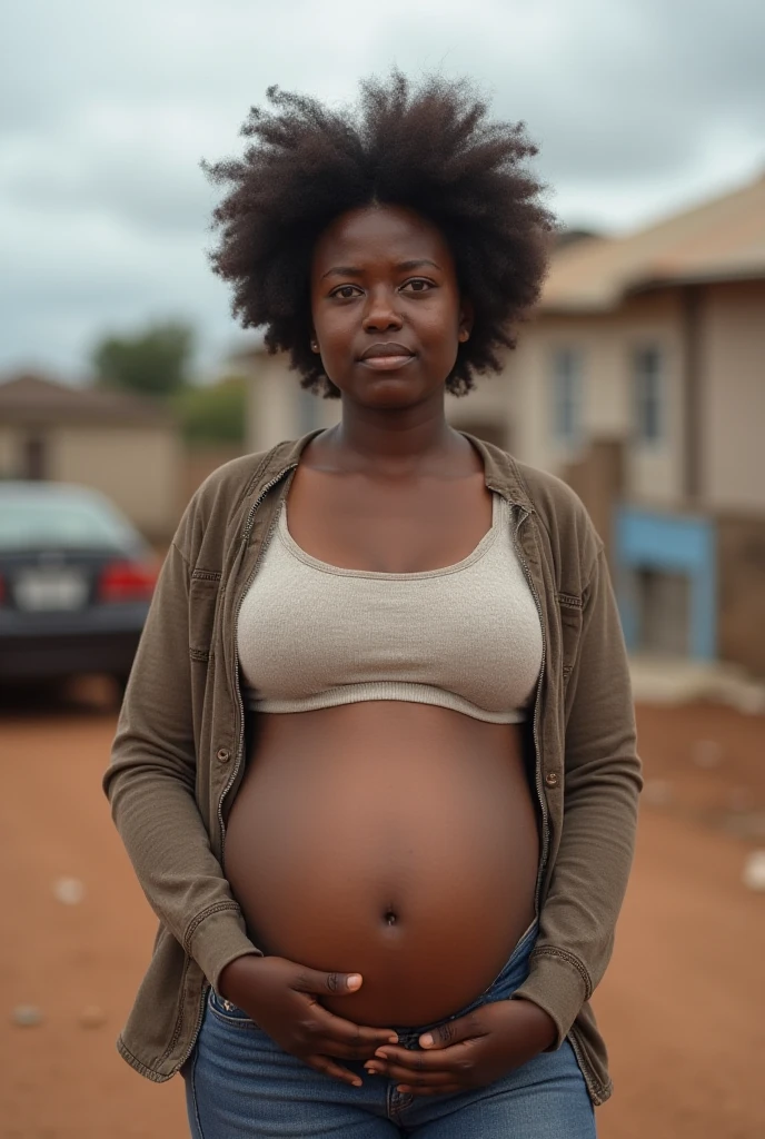 Extremely Hyperpregnant Haitian woman with huge belly wearing a dress