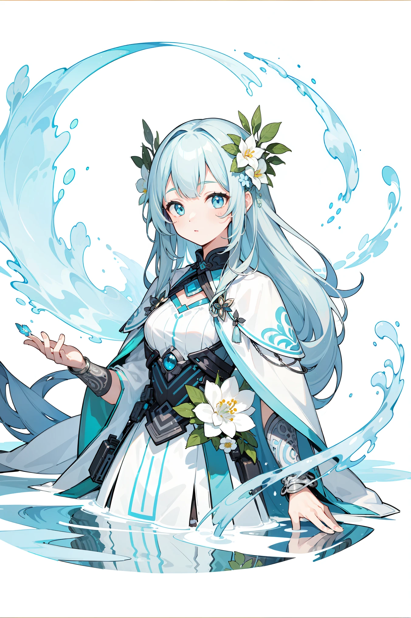 ( Fine Best Quality Illustration:1.2), girl、 gray-blue hair(A little green )、long hair、goddess、mechanical、flower、water、 perfect light 、Odd Pupils