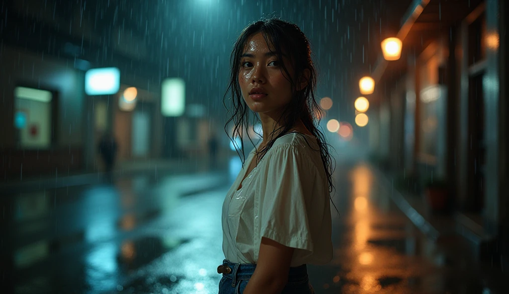 Best picture quality, ultra high resolution, (fidelity :1.4), photo, 1 girl, 1boy, holding hands, (happyness), white shirt, Dim, dark, (night), (Wet clothes:1.4), perfect faces, bare shoulders, Real rain, wet hair, cinematic, god rays, ray tracing, reflection light, Expressionism, Realism, masterpiece, highres, 16k, textured skin, anatomically correct