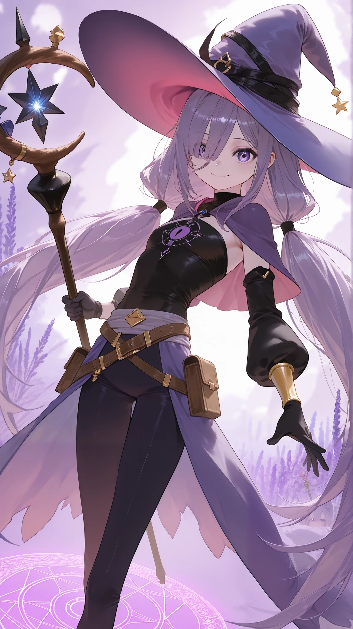 nilsunna, spiralpunk style, incredibly absurdres, concept art, best quality, perfect lighting, illustration, from behind and (arms behind head:1.1), looking at viewer, mature female character, 1girl, (wide-eyed and drunk), flat chest, no cleavage, purple hair and orange streaked hair, hair over one eye, asymmetrical hair, demon eyes, wearing (fantasy style helmet and pith helmet:1.1), aqueduct, finely detailed background, amazing background