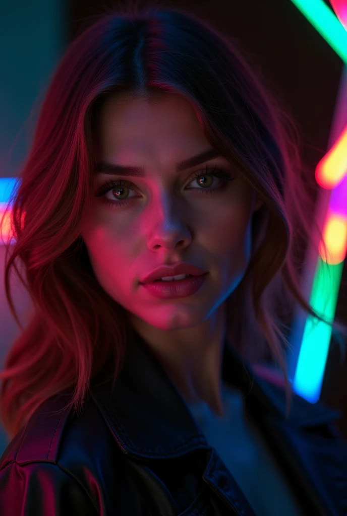 A girl in a movie，There are bright neon colors behind you，in the style of realistic hyper-detailed rendering，Soft gradients，Ruslan Lobanov，Bright fantasy，Bold shadows，Electric Colors，closeup cleavage，Pure lust --auto --s2